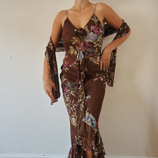 Silk Floral Beaded Maxi Dress with Shawl