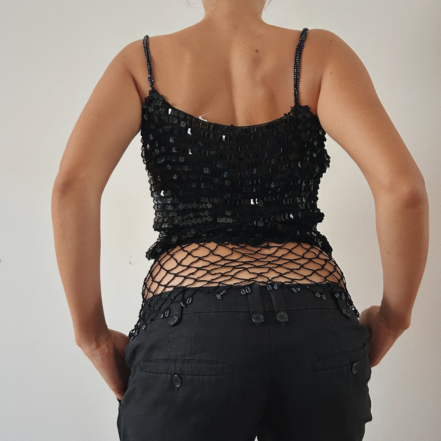Sequins and Crochet Black Beaded Top