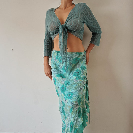 Floral Teal Ruched Maxi Skirt