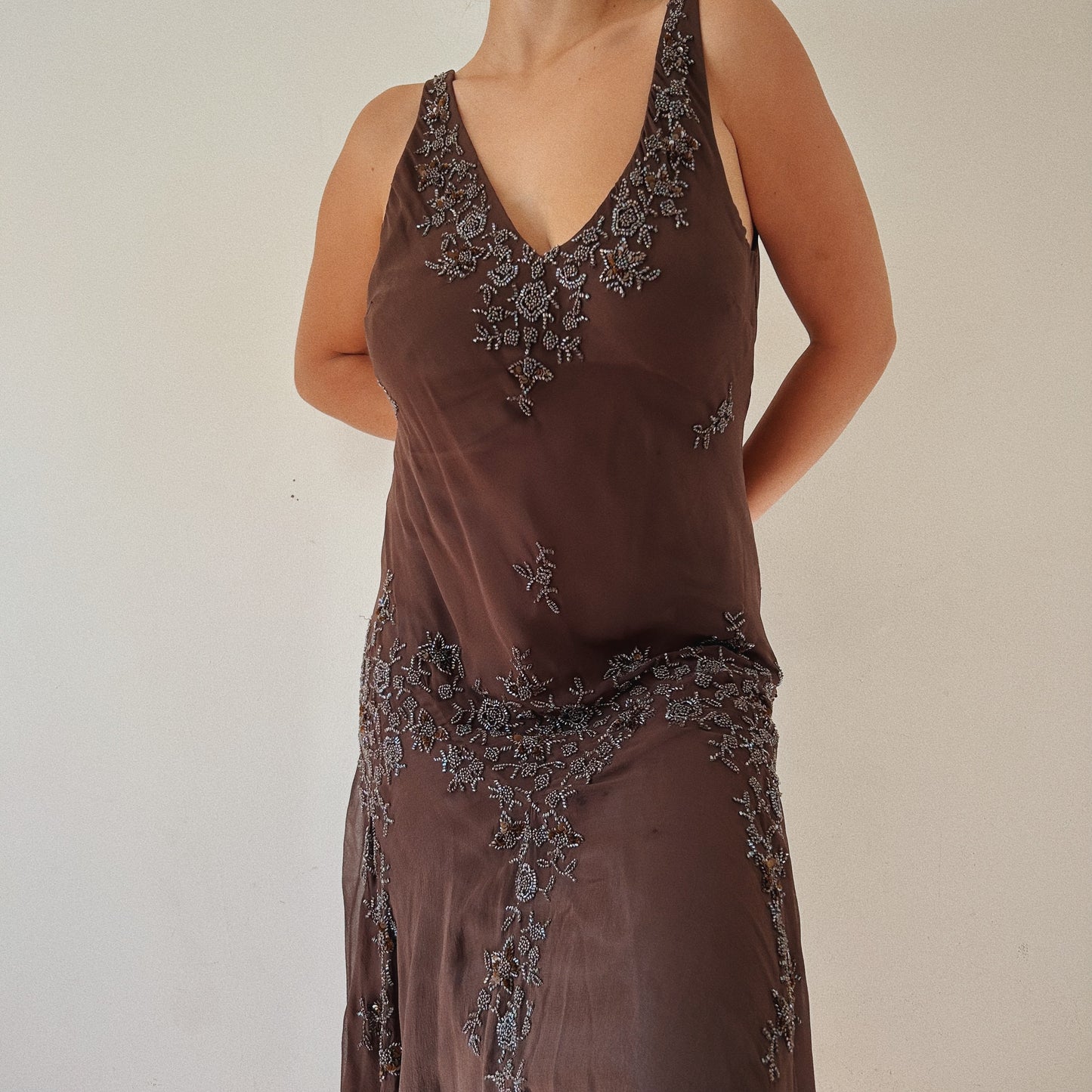 100% Silk Brown Beaded Dress