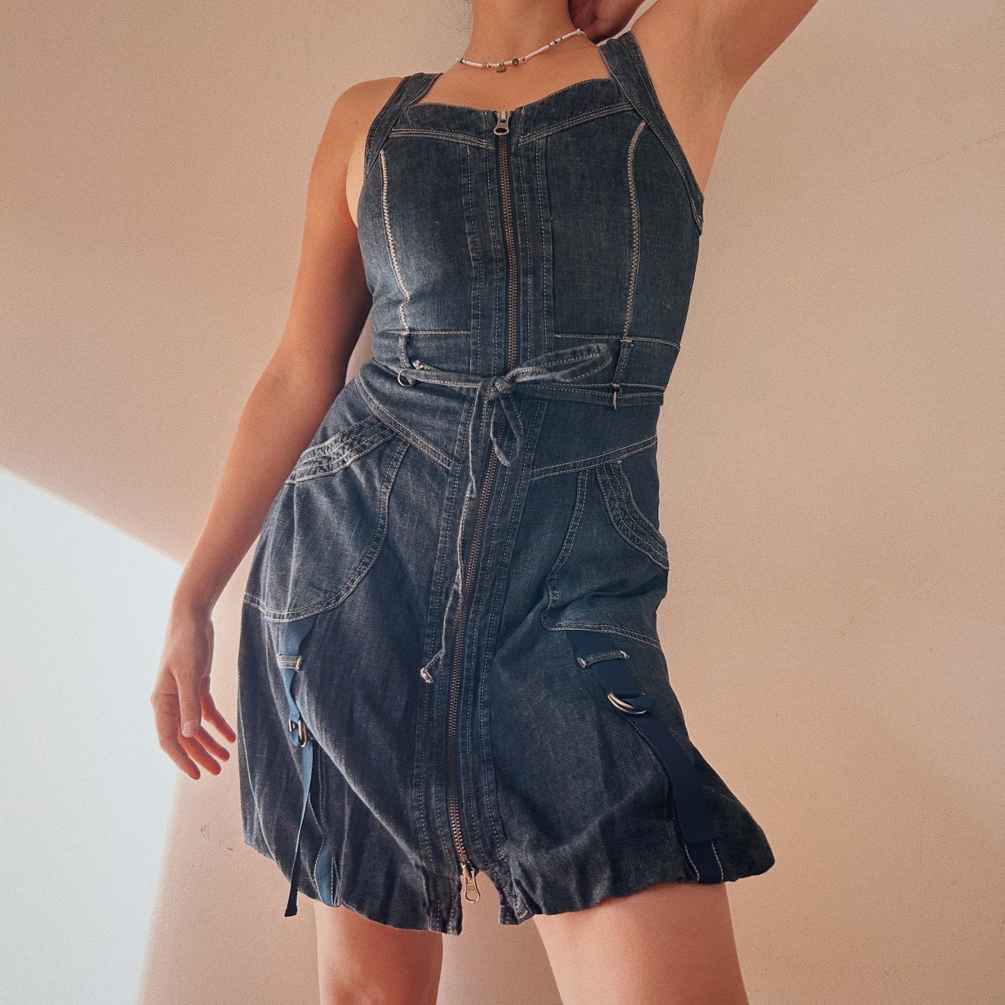 Zip up denim mini dress with pockets