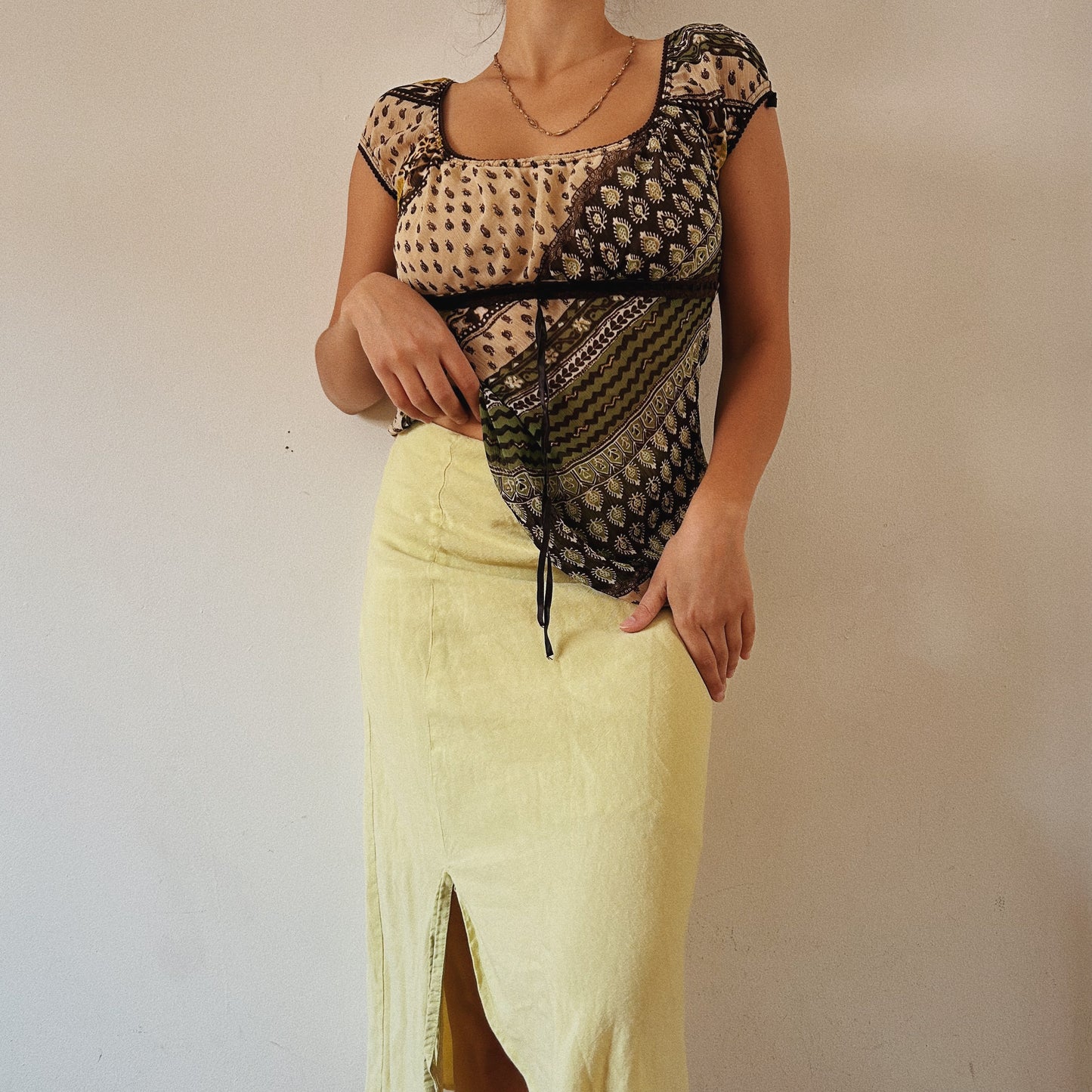 Linen Lime Green Asymmetrical  Midi Skirt