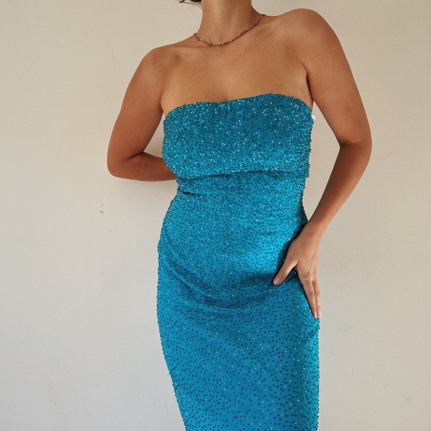 Mermaid Blue Beaded Strapless Gown