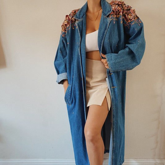 Unique vintage denim maxi jacket painted shoulders details