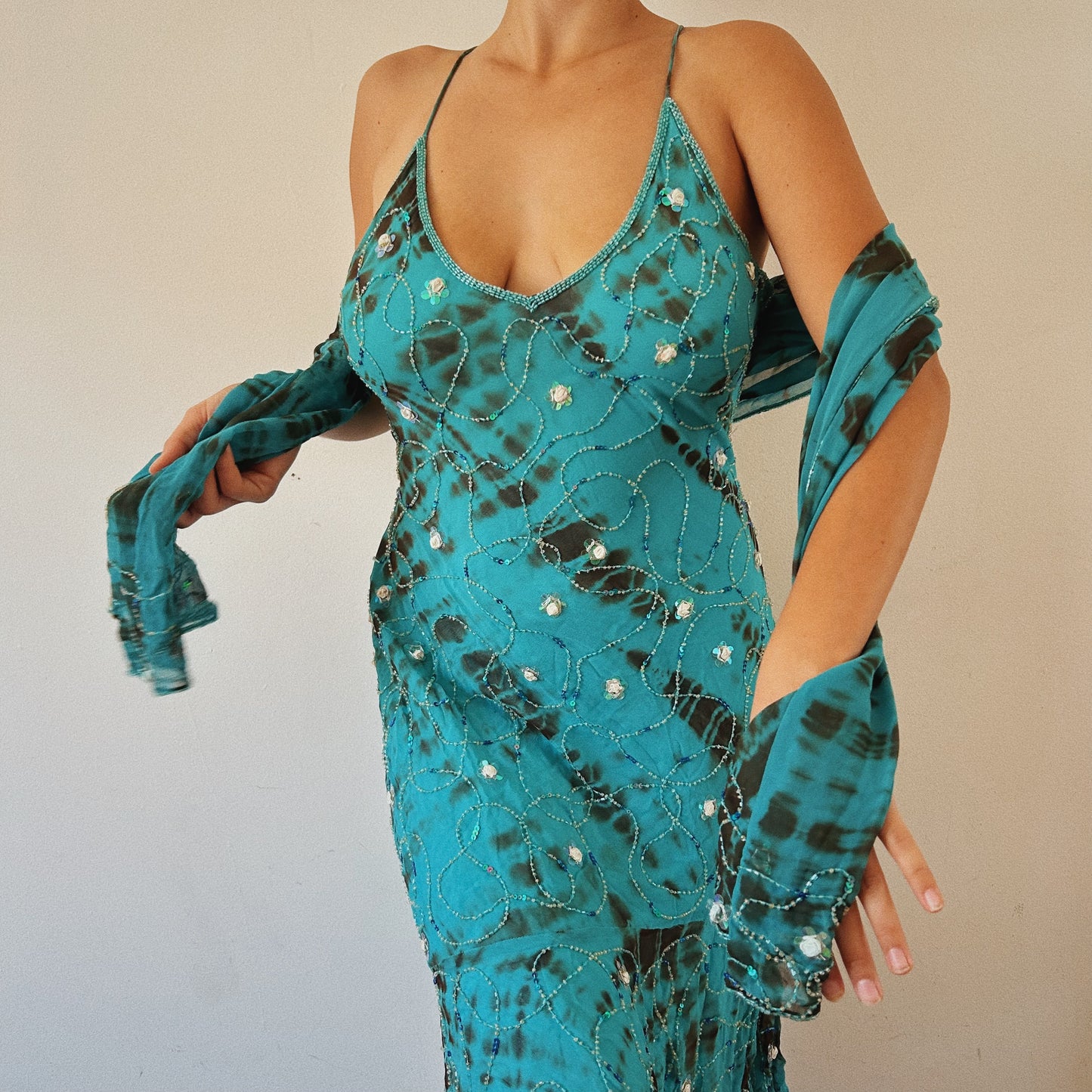 Mermaid Silk Beaded Dress With Scarf