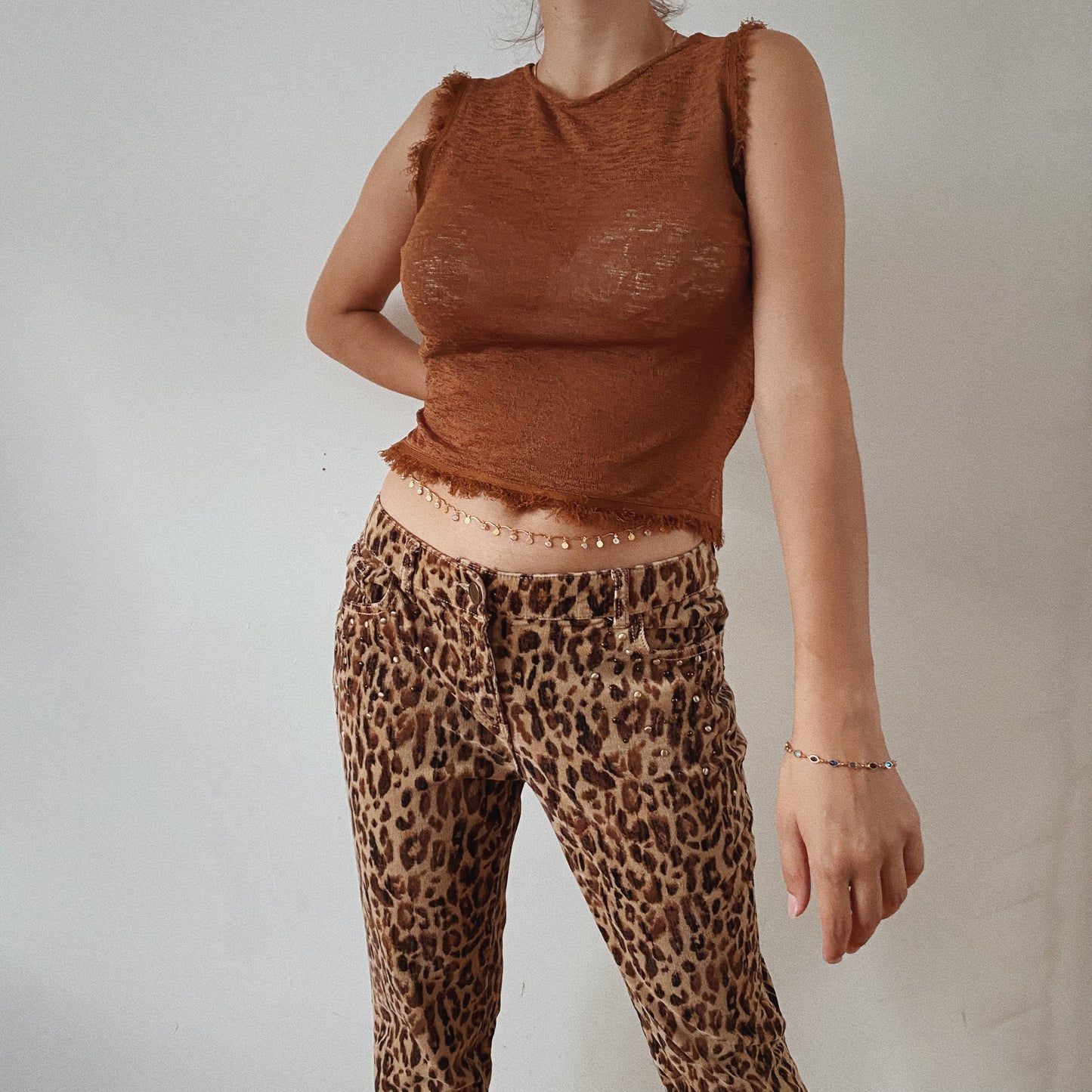 Mesh Brown Crop Top Raw Cut