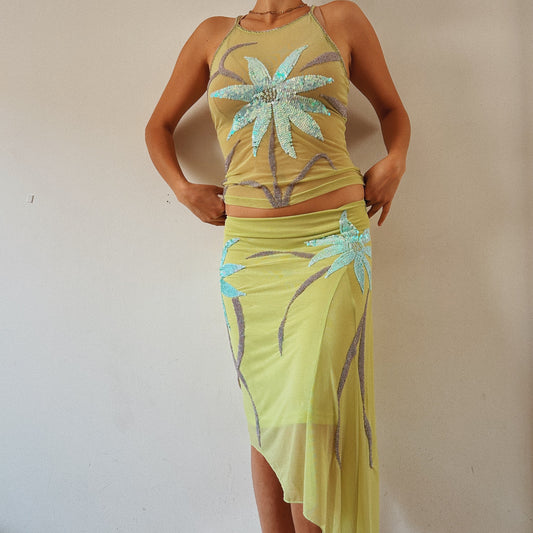 Italian Designer Green Sequins Mesh Set