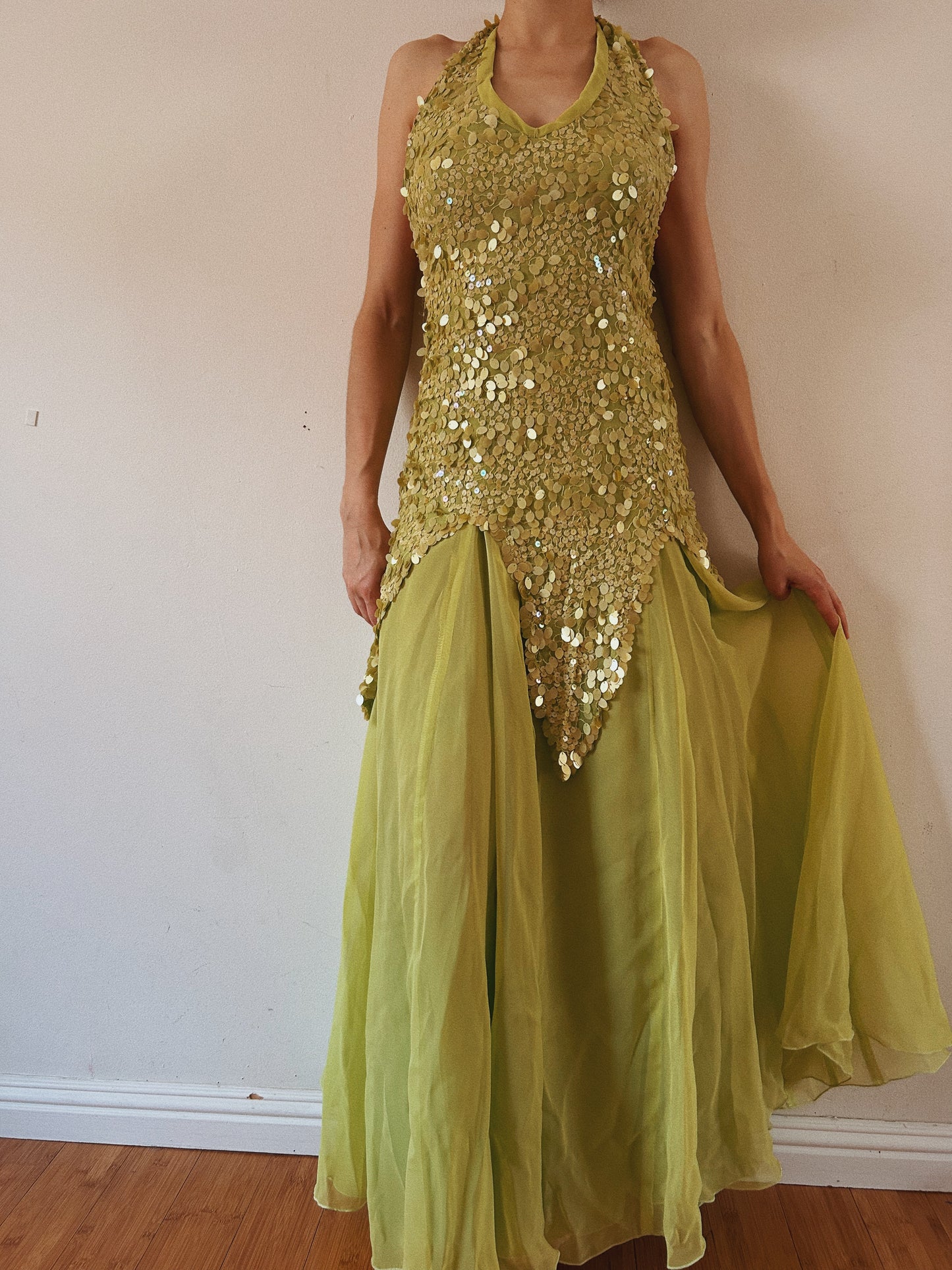 Forest Fairy Green Sequins Halter Dress