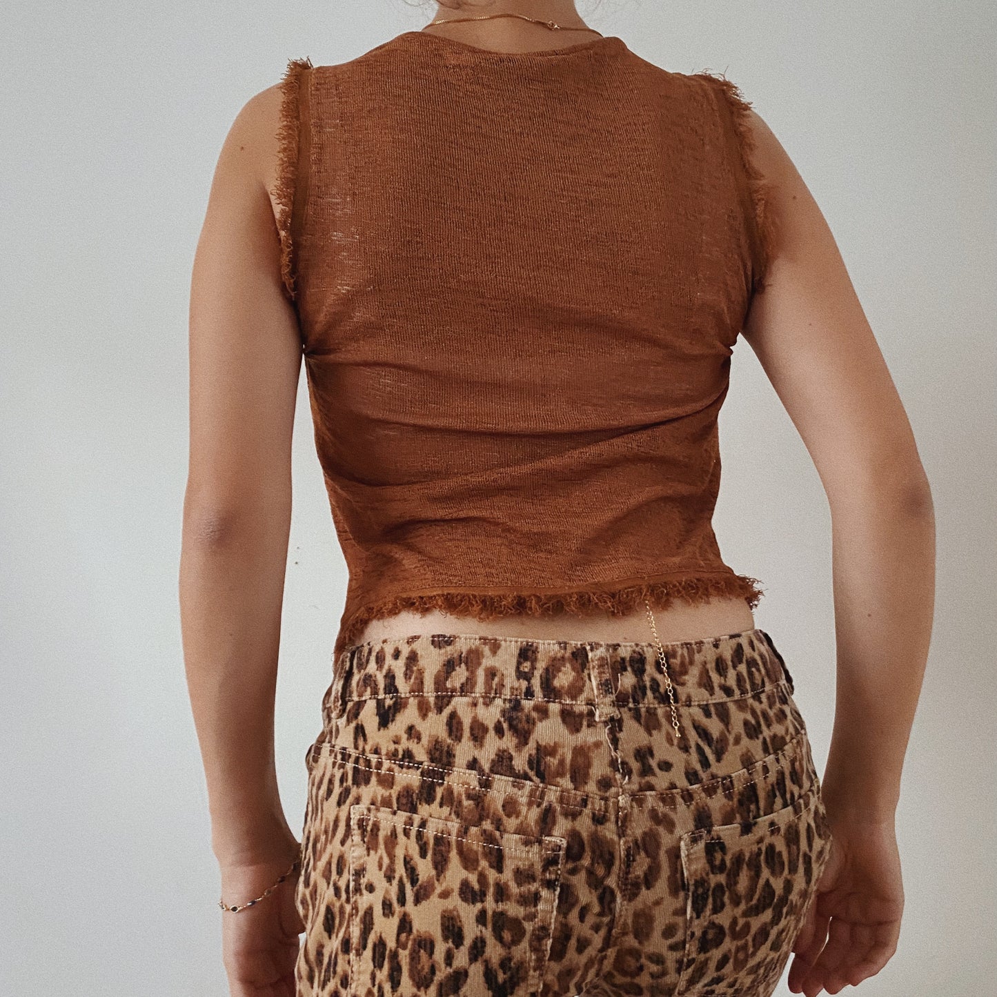 Mesh Brown Crop Top Raw Cut