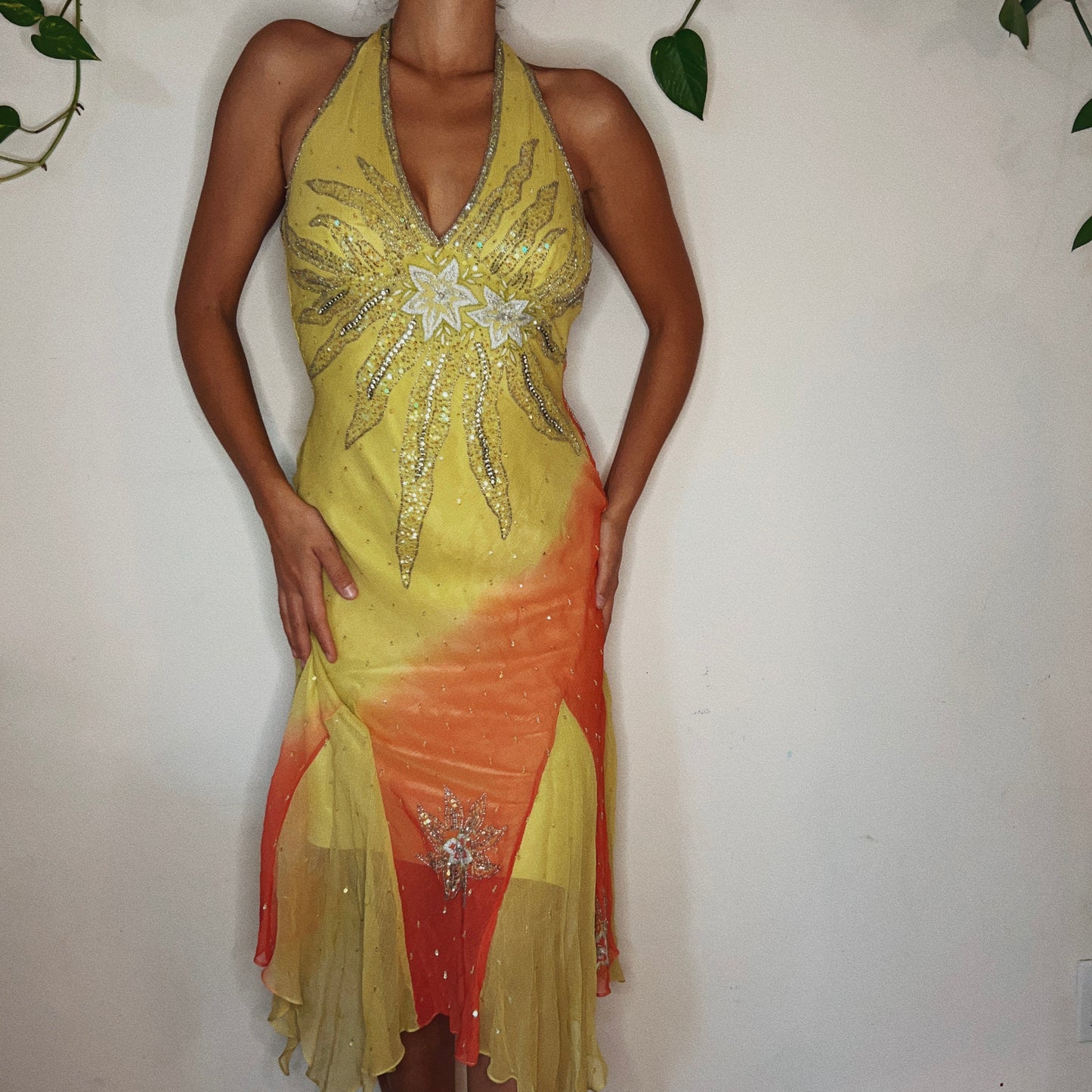 Rare Aftershock Beaded Tropical Halter Dress