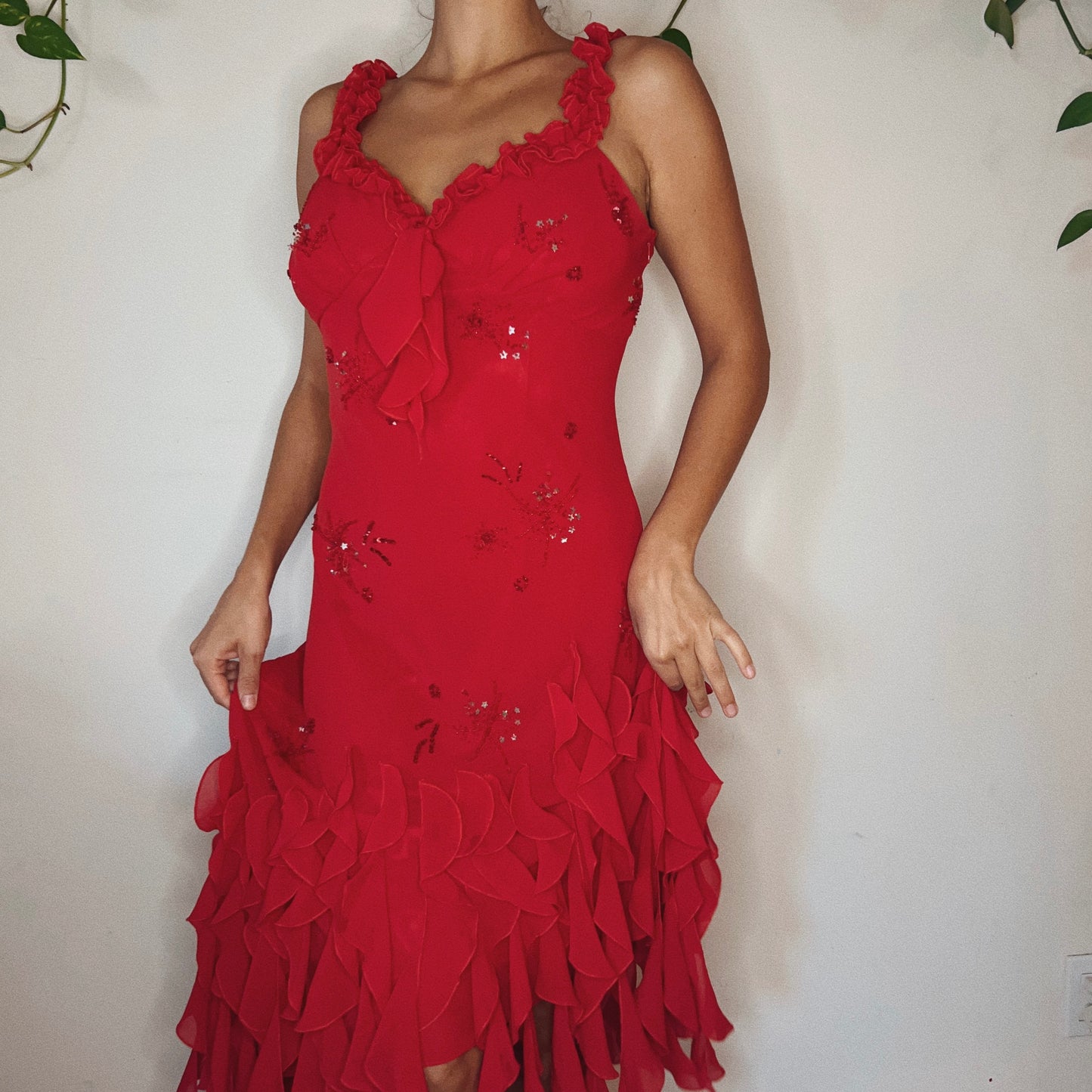 Asymmetrical Ruffled Beaded Dress