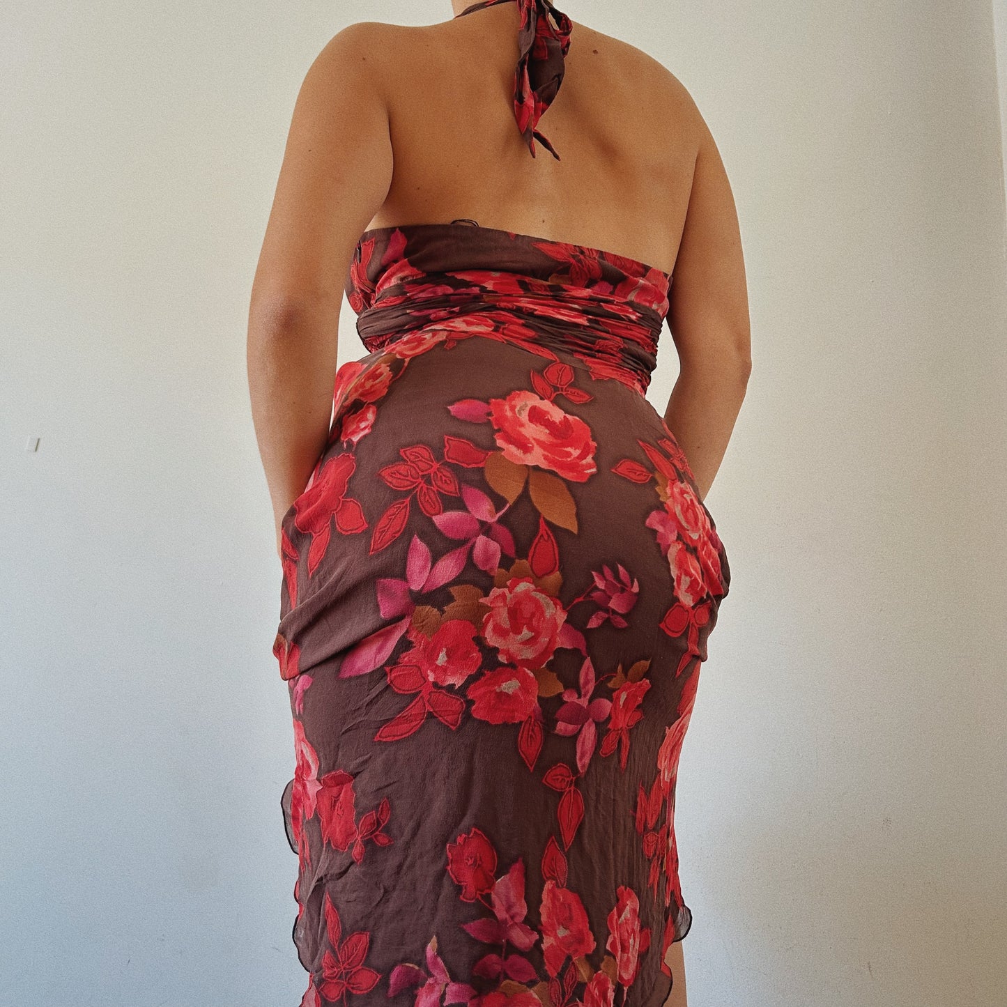 100% Silk Floral Halter Mini Dress