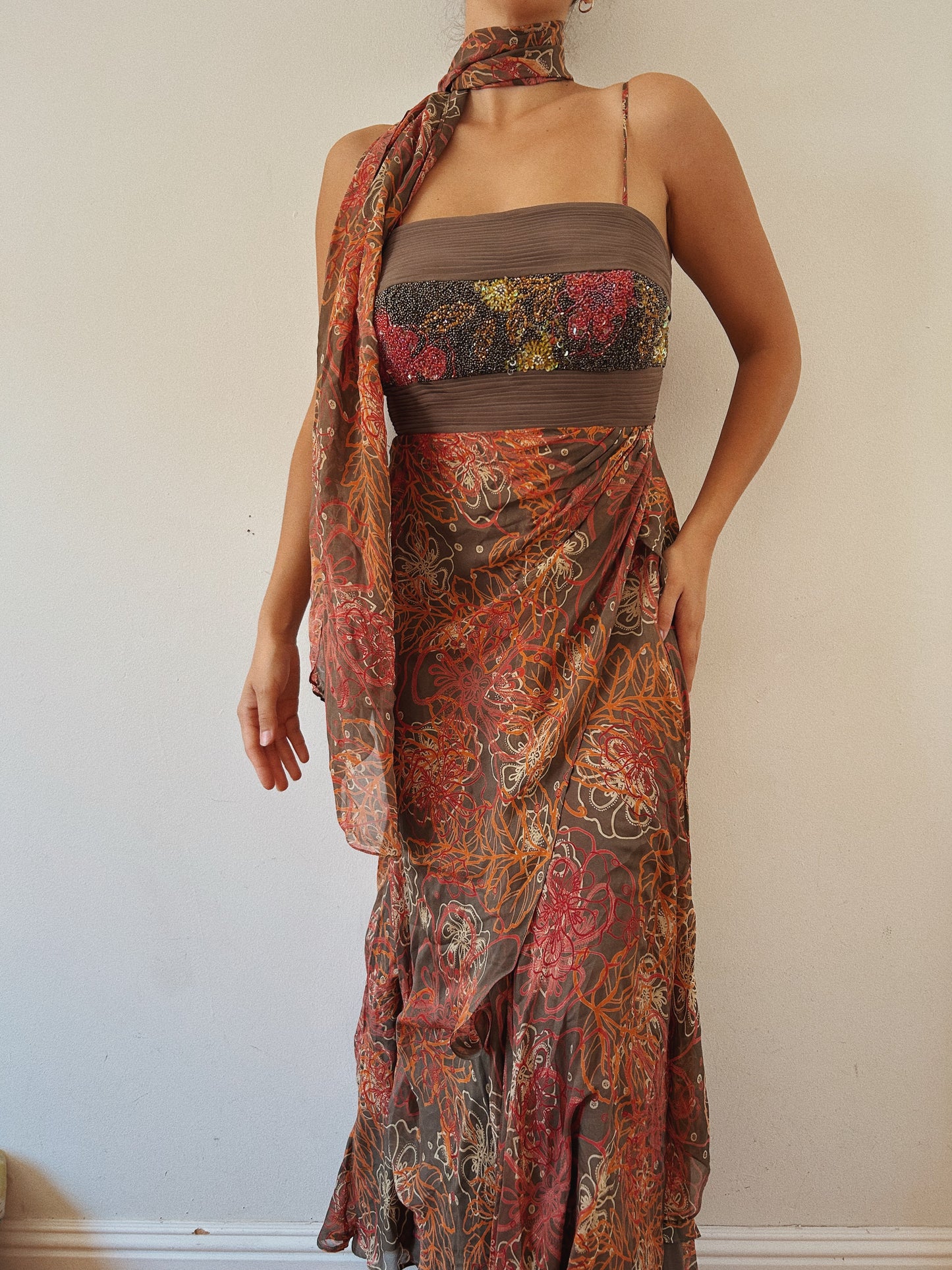Silky Beaded Gown with Scarf