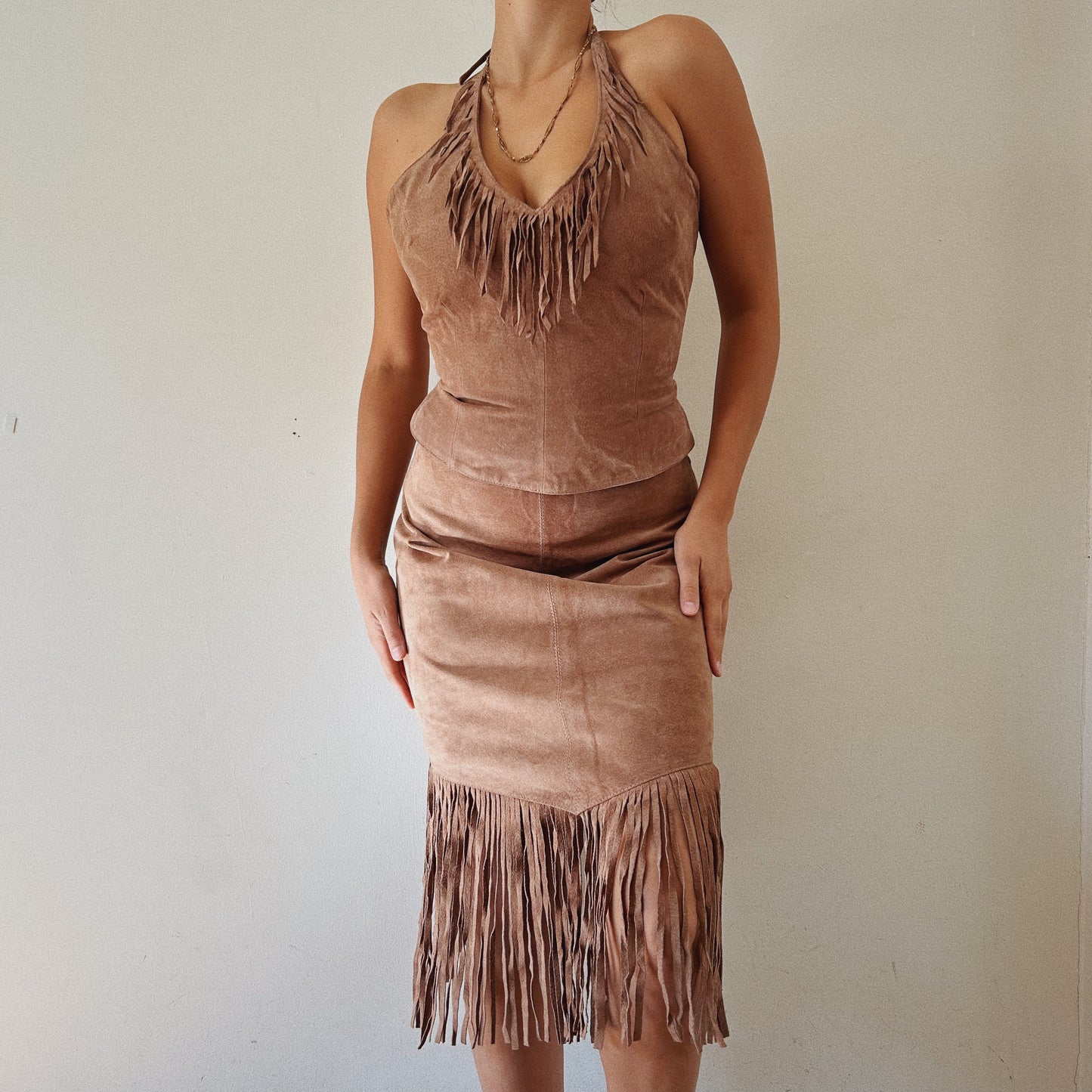 Suede Fringe Corset and Skirt Boho Set