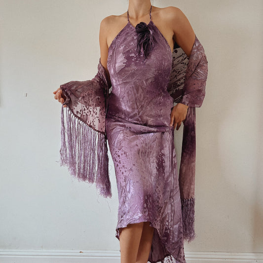 Spanish Halter Velvety Gown With Scarf
