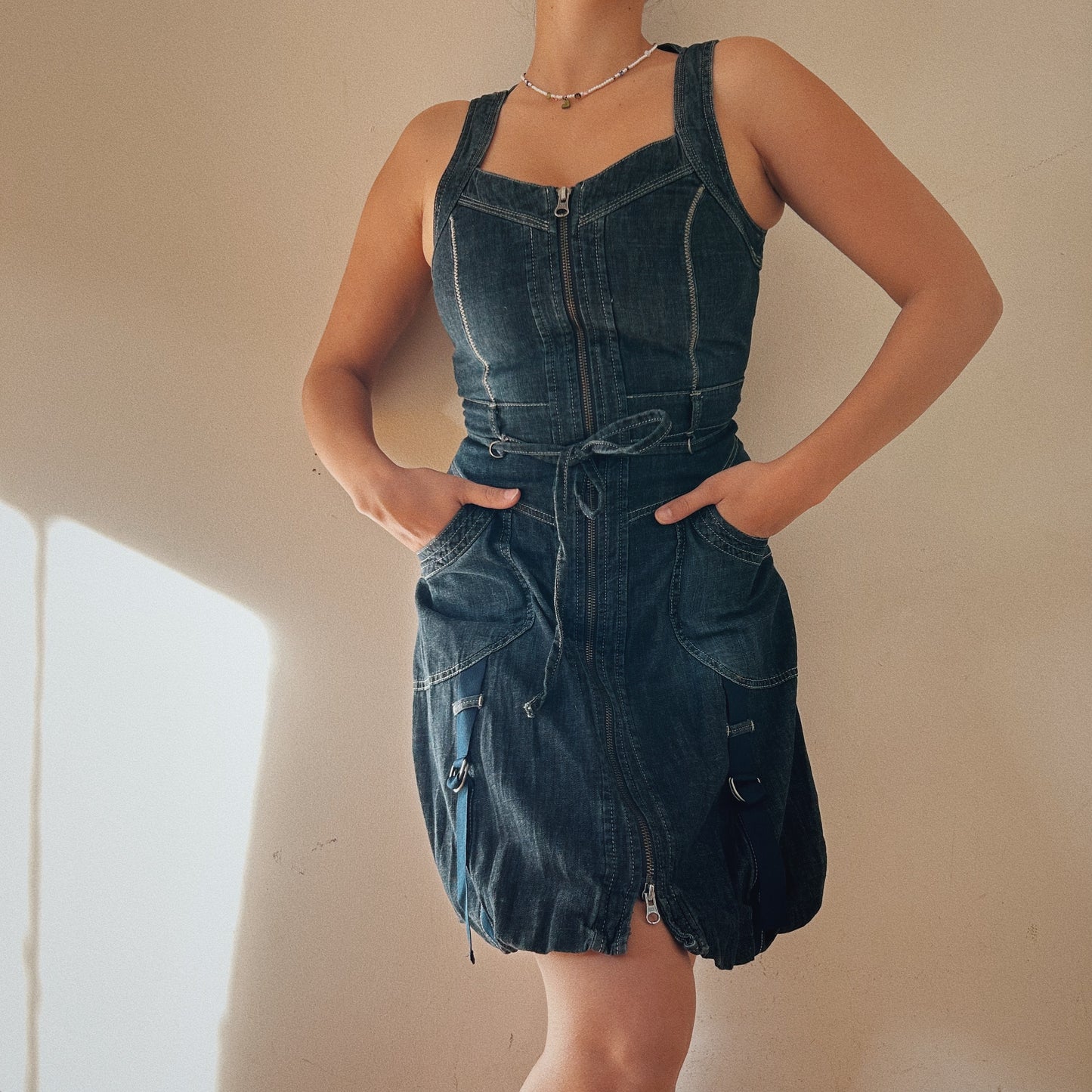 Zip up denim mini dress with pockets