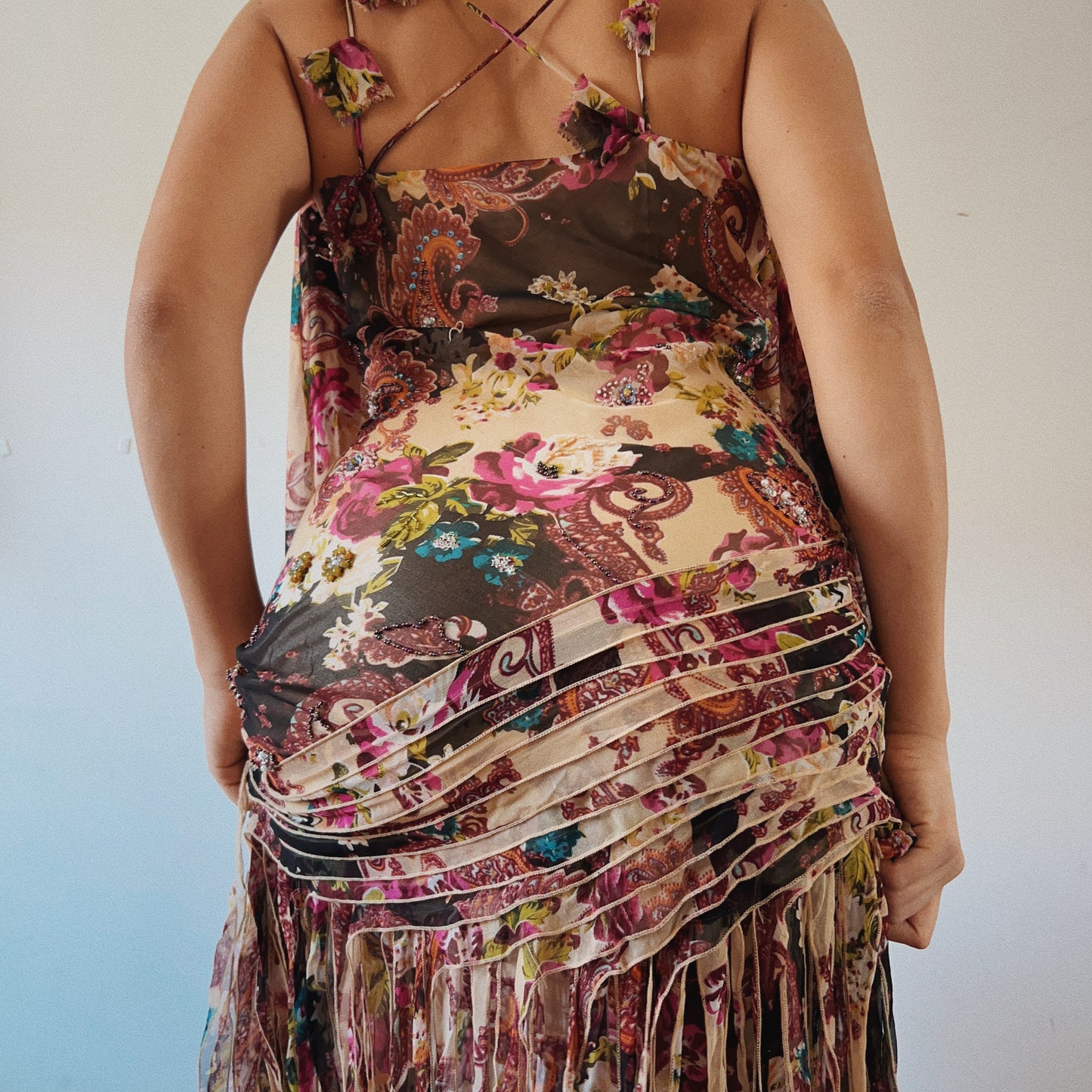 Stunning Paisley Beaded Ruffled Dress With Scarf