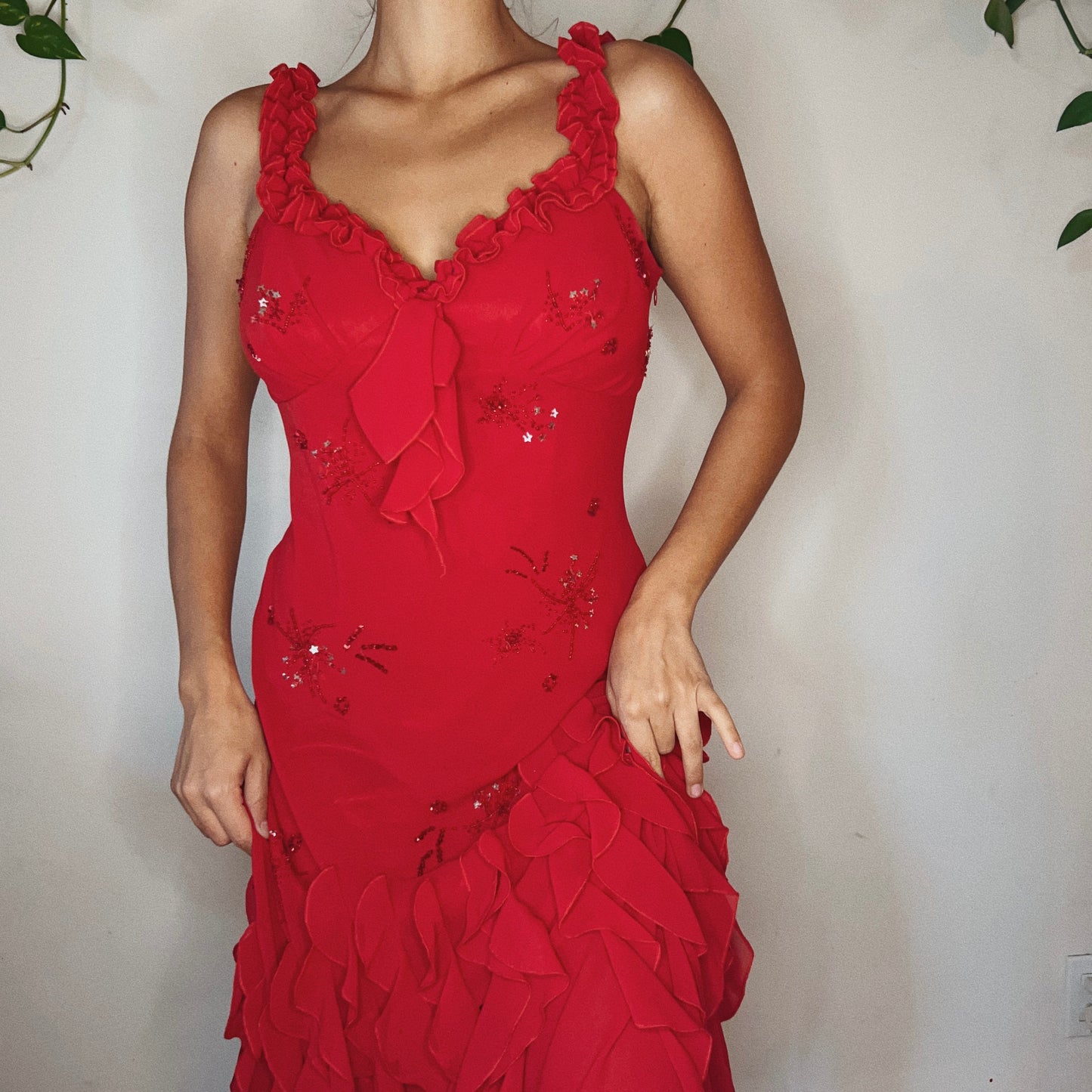 Asymmetrical Ruffled Beaded Dress