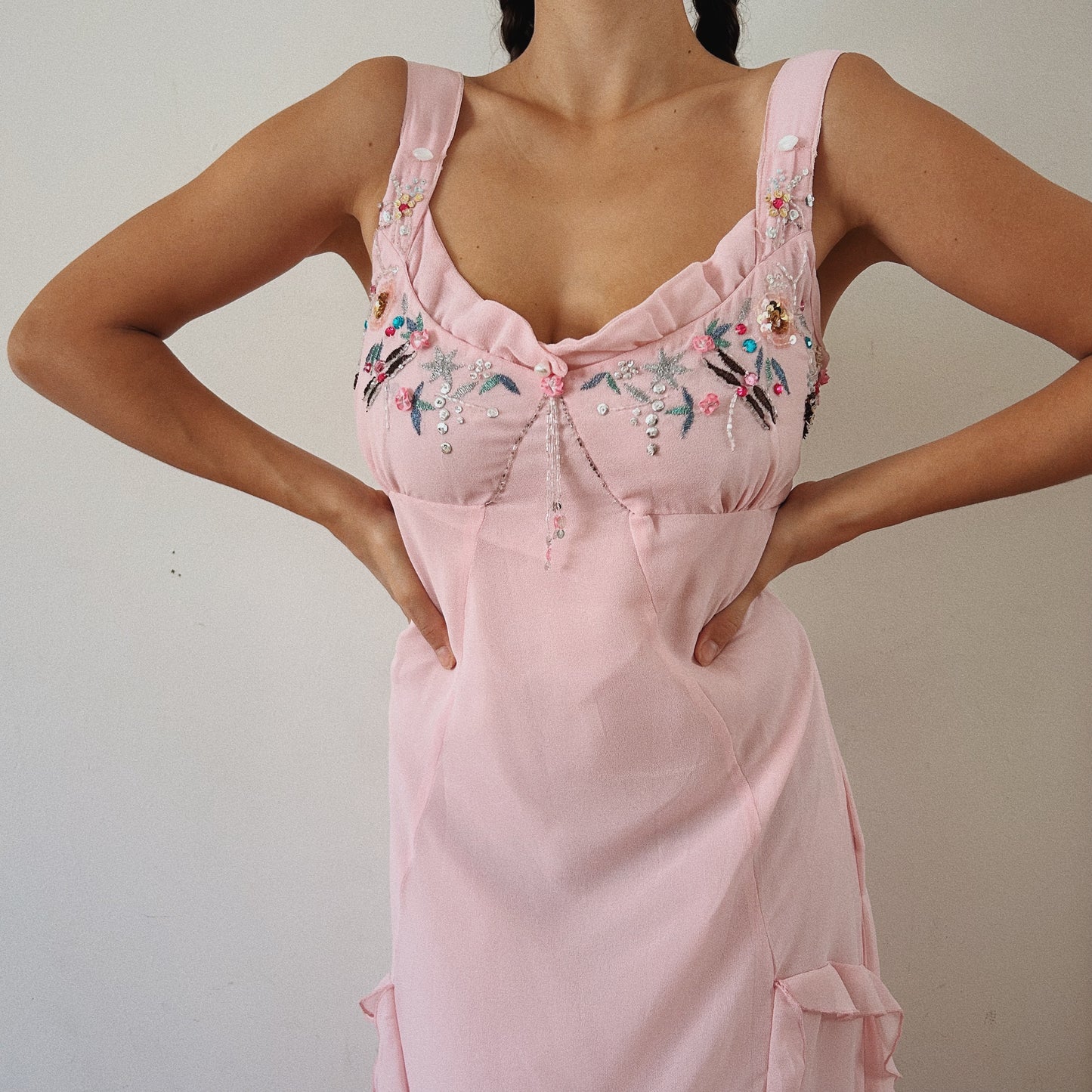 Whimsical Pink Beaded Ruffled dress