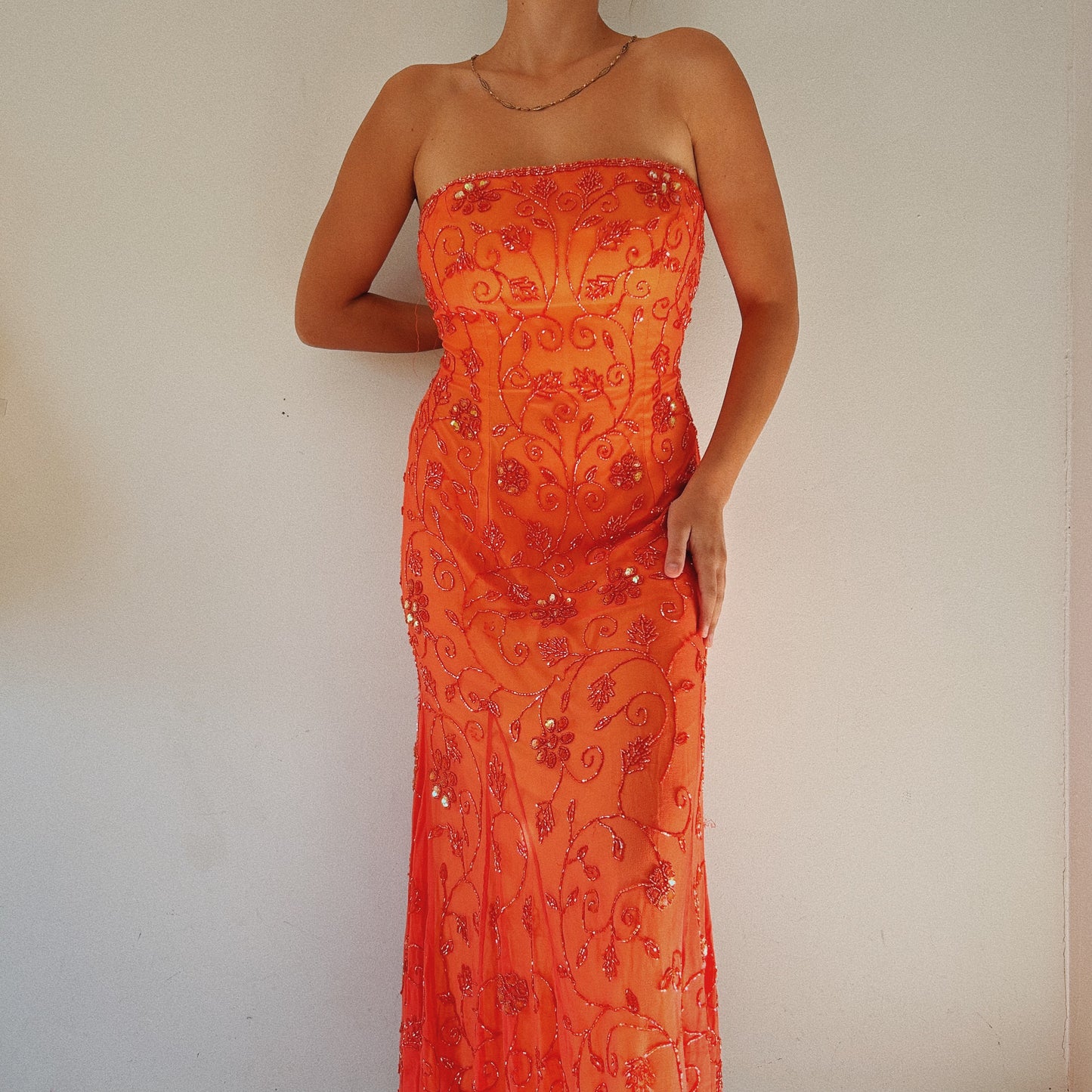 Silk Bright Orange Beaded Strapless Dress