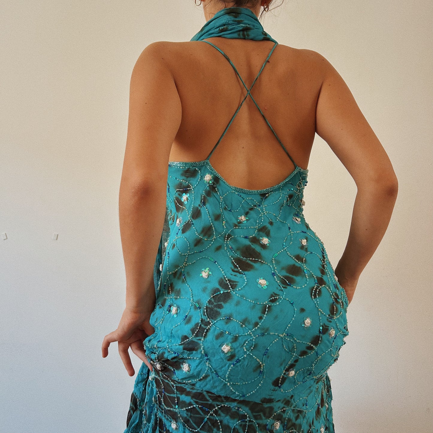Mermaid Silk Beaded Dress With Scarf