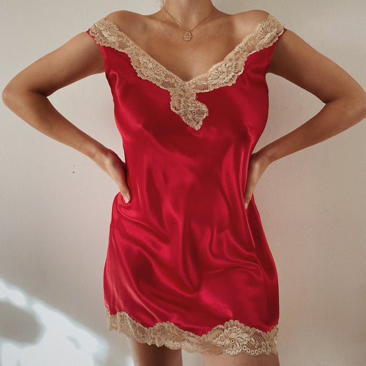 Red Vintage Slip Dress with Lace Details