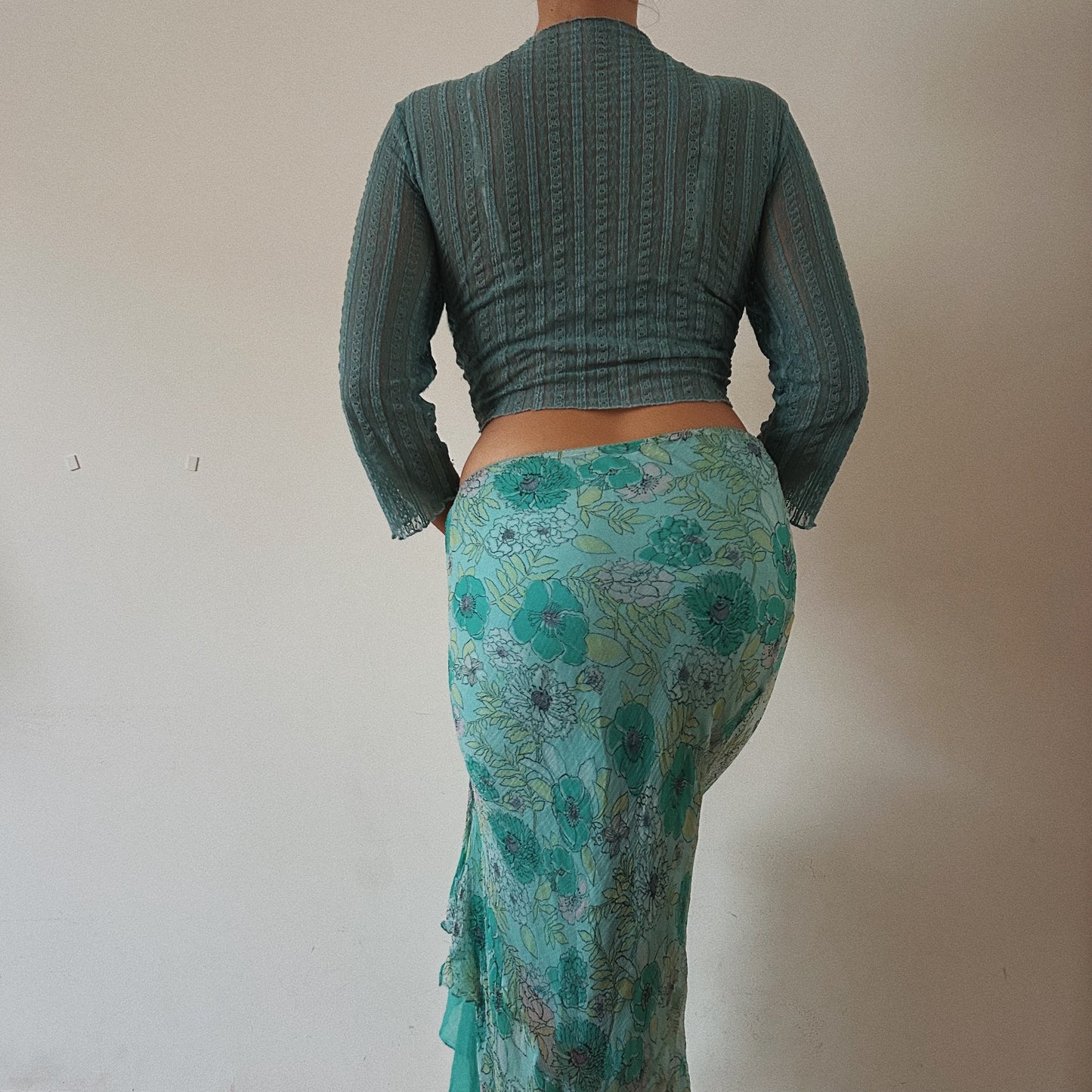 Floral Teal Ruched Maxi Skirt