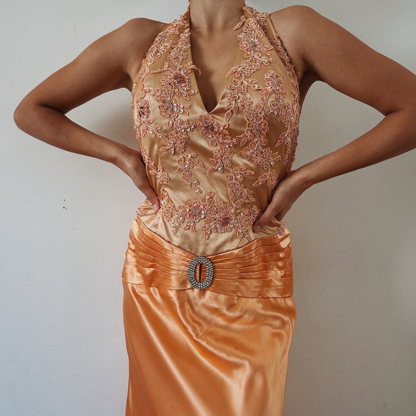 Y2K Beaded Halter Satin Gown