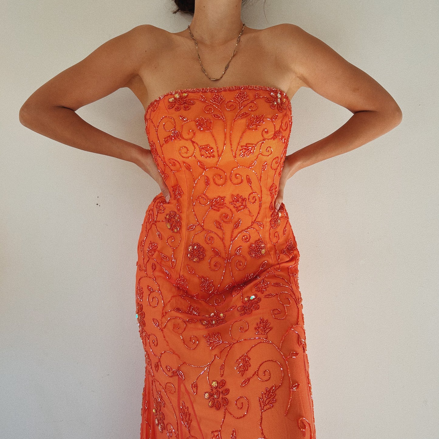 Silk Bright Orange Beaded Strapless Dress