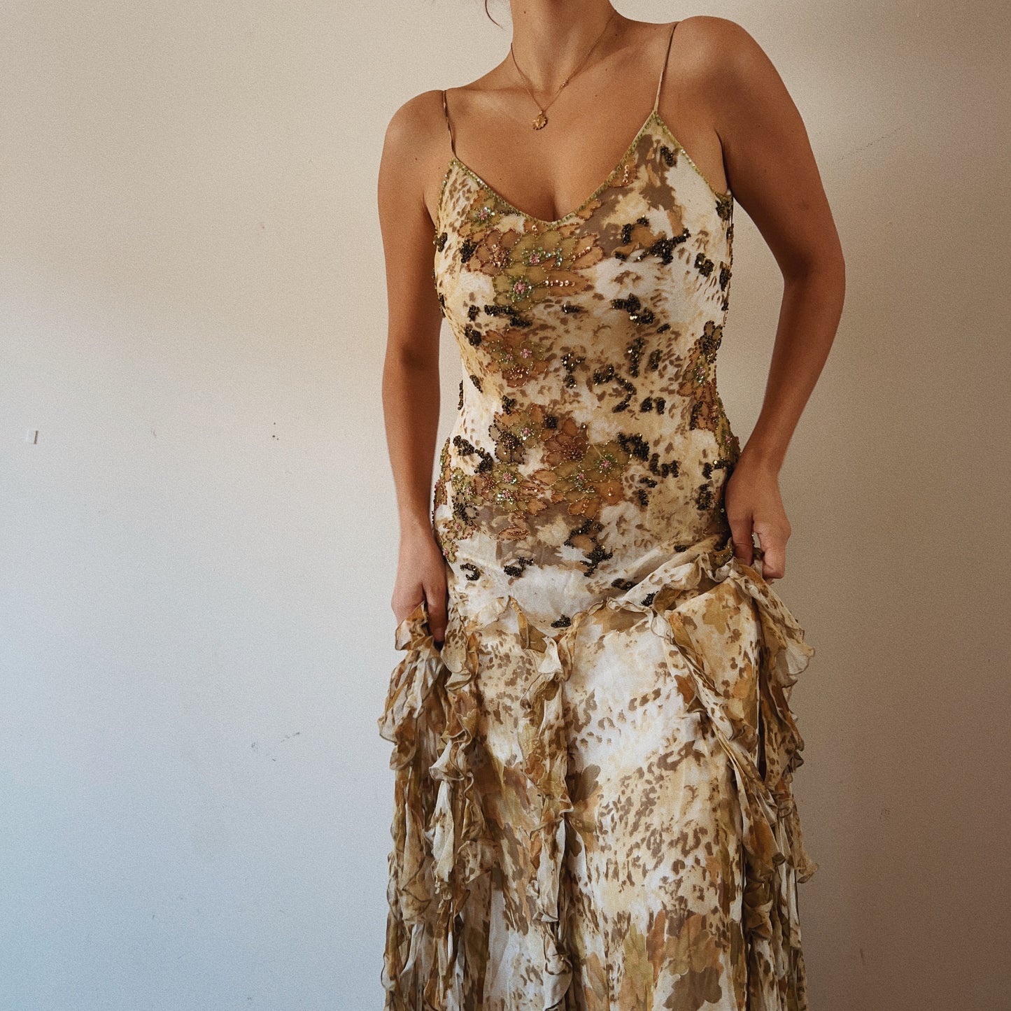 Stunning Silk Earth Fairy Beaded Ruffled Gown
