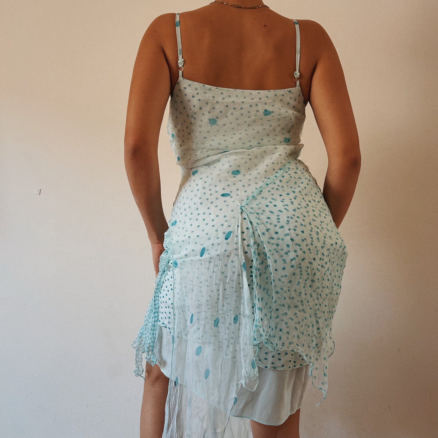 Blue Dotted Layered Mesh Dress