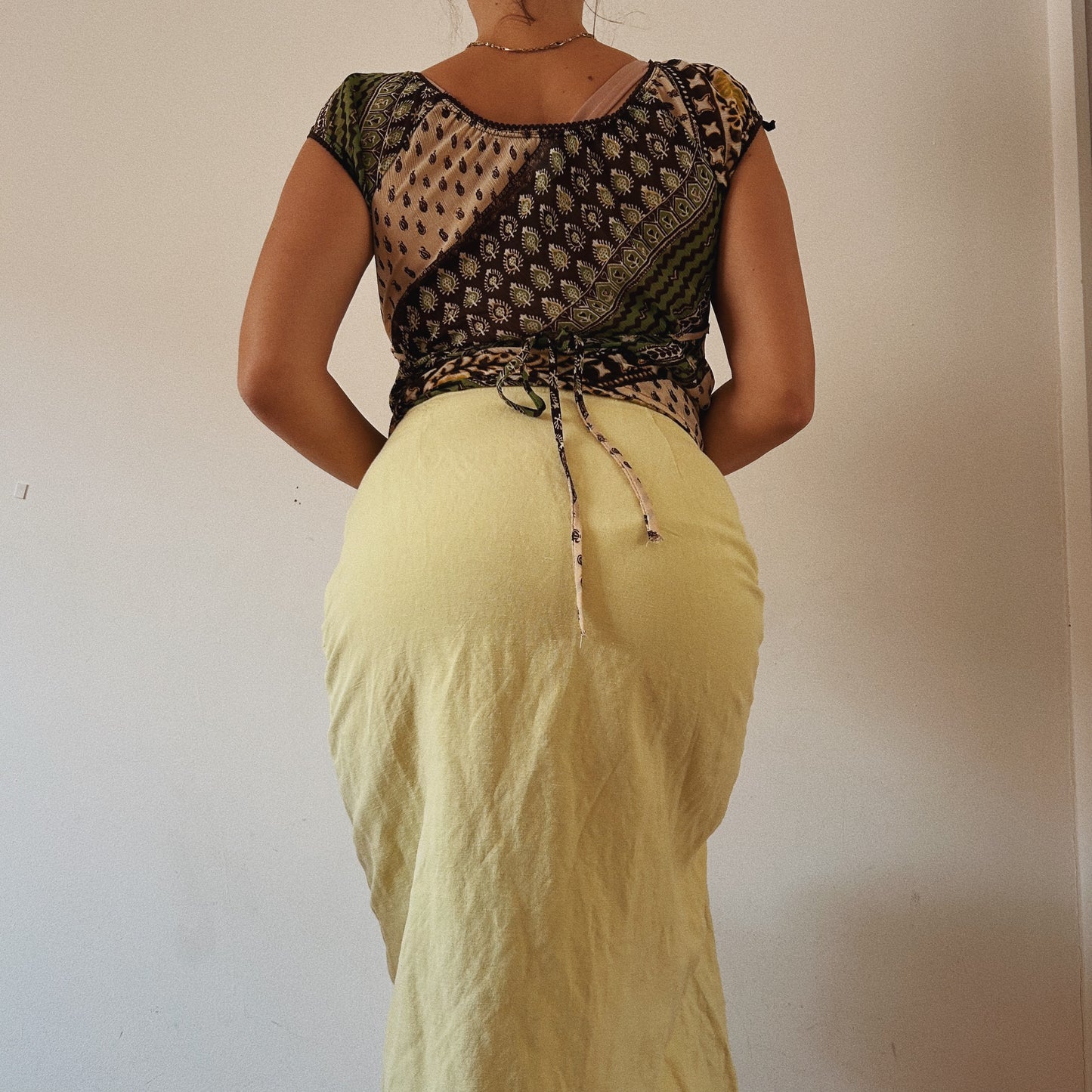 Linen Lime Green Asymmetrical  Midi Skirt