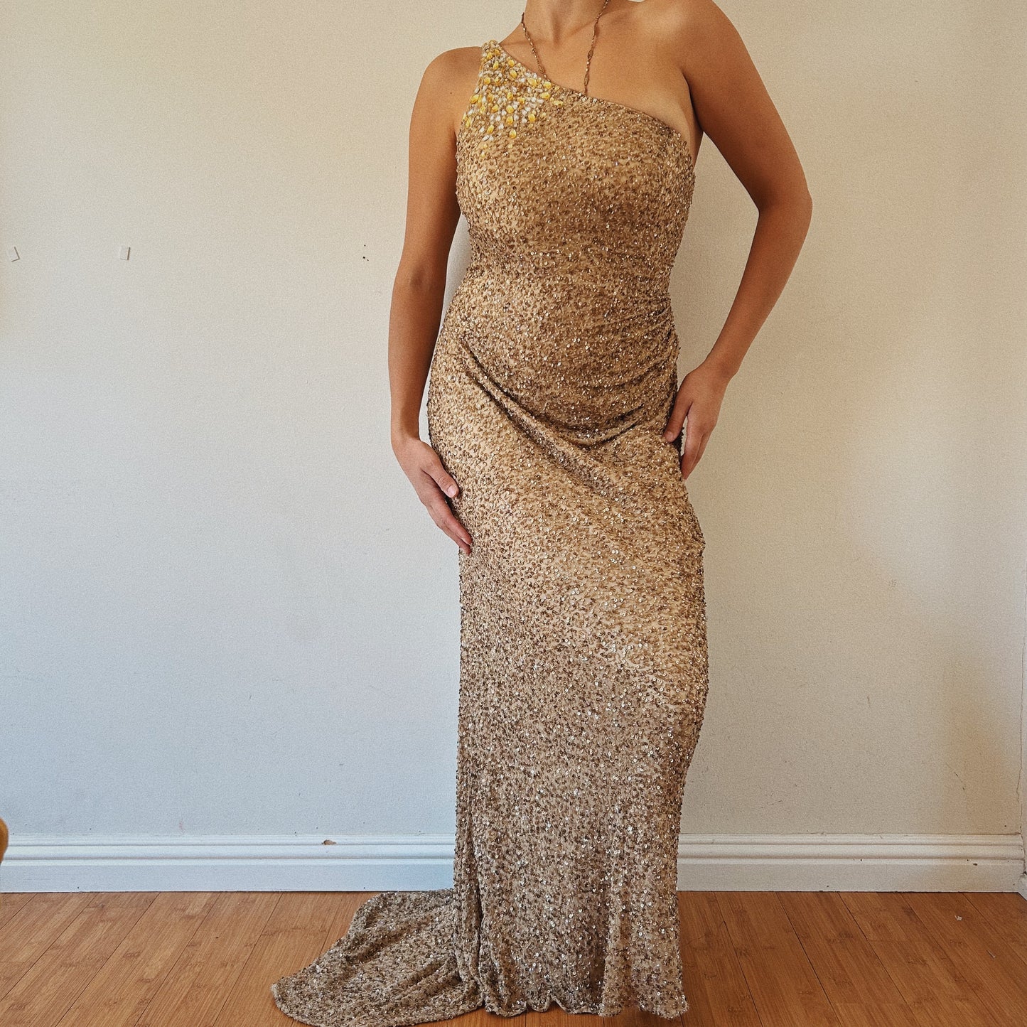Stunning Golden One Shoulder Beaded Gown