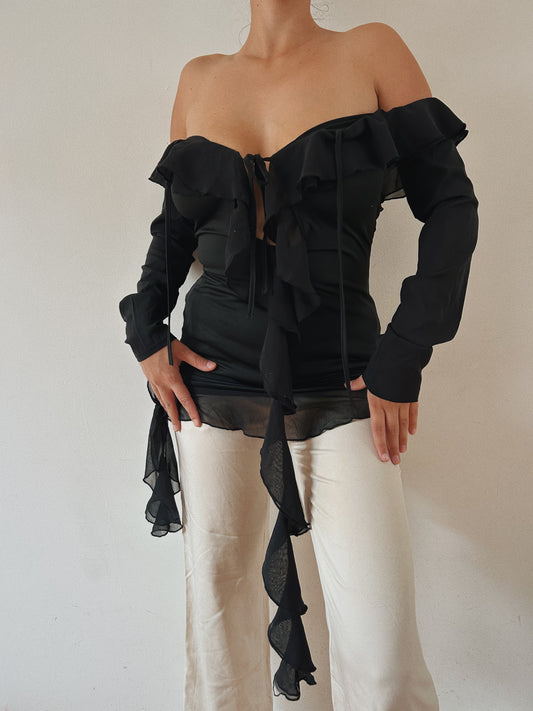 Black Mesh Off The Shoulder Ruffled Top