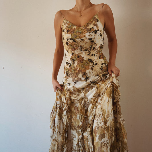 Stunning Silk Earth Fairy Beaded Ruffled Gown