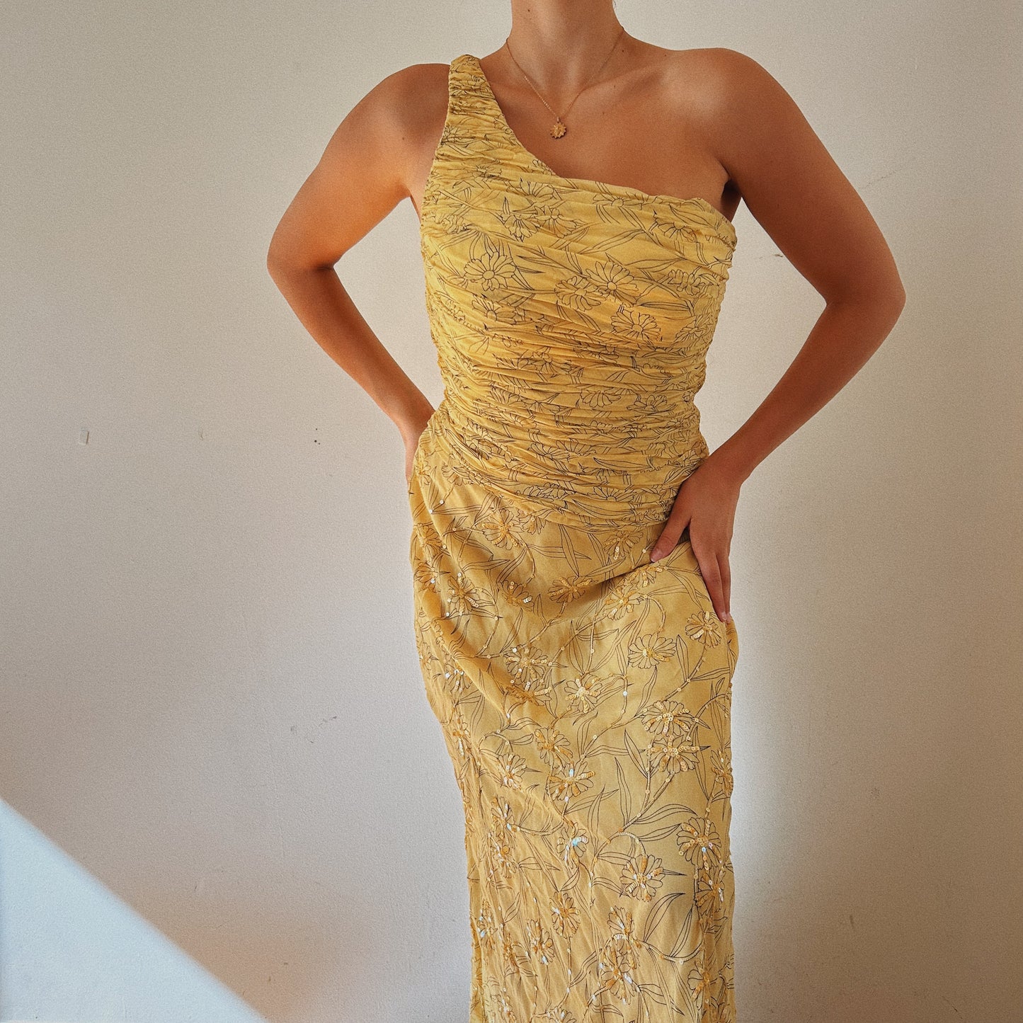 One Shoulder Yellow Silk Ethereal Embelished Dress