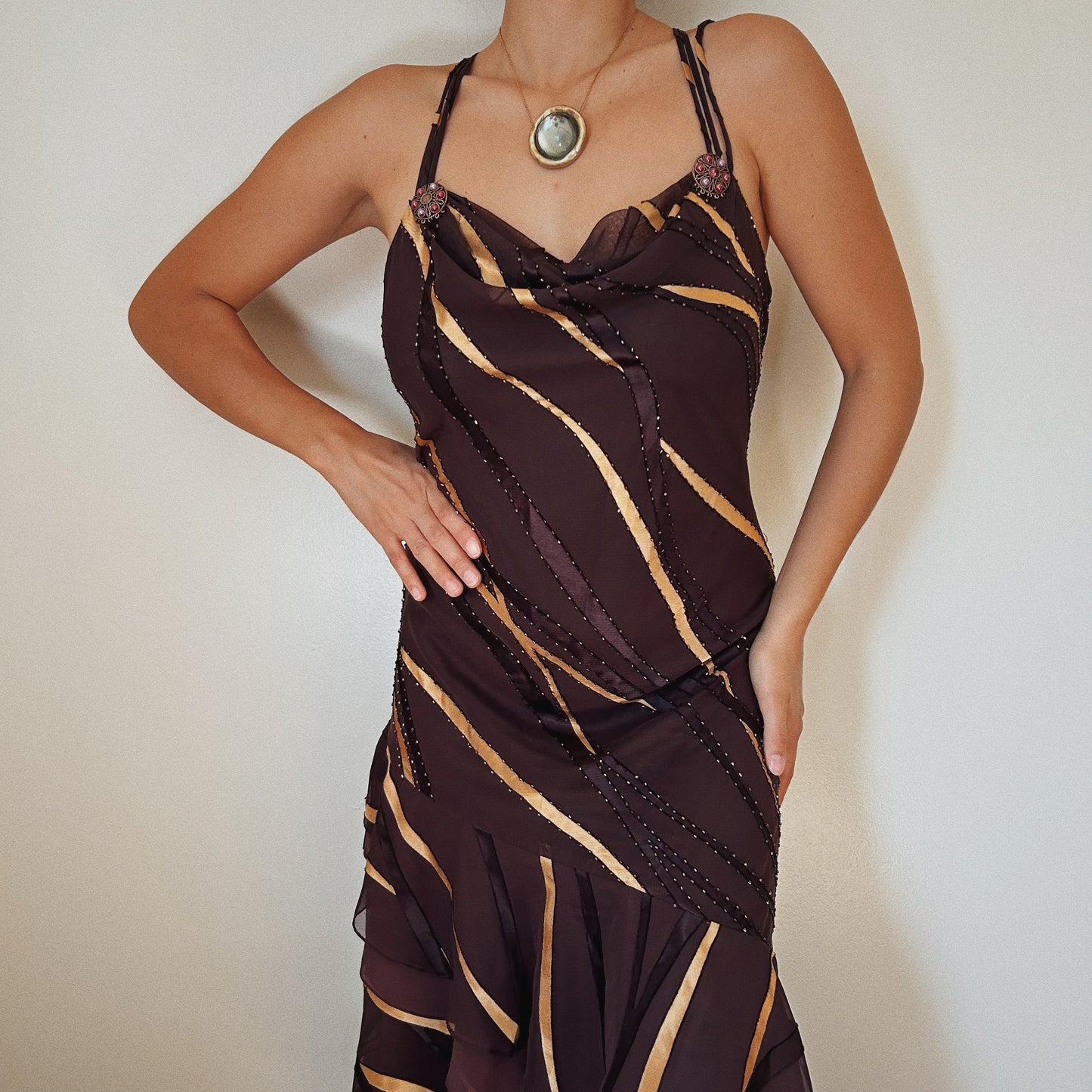 Chocolate Beaded Striped Gown