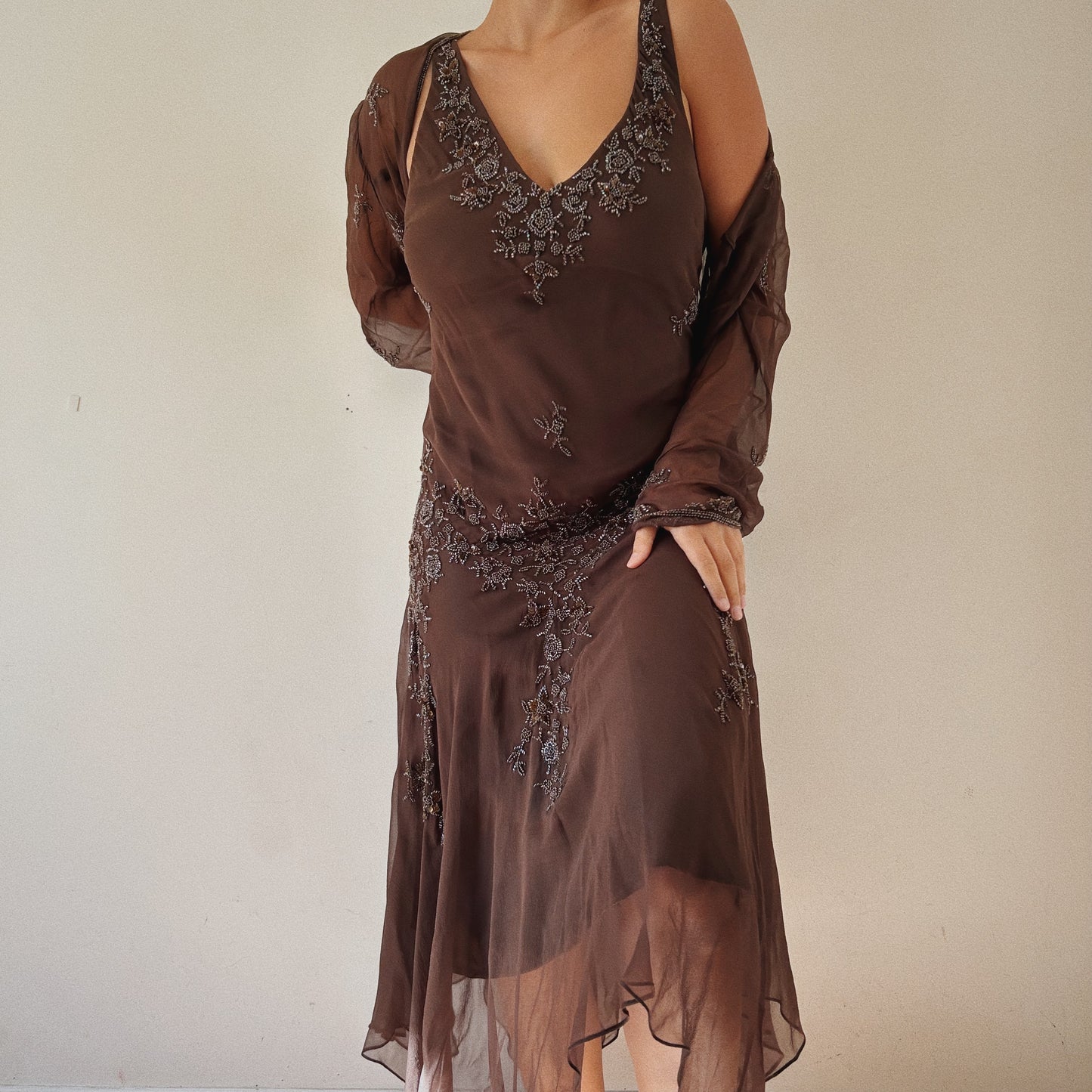 100% Silk Brown Beaded Dress