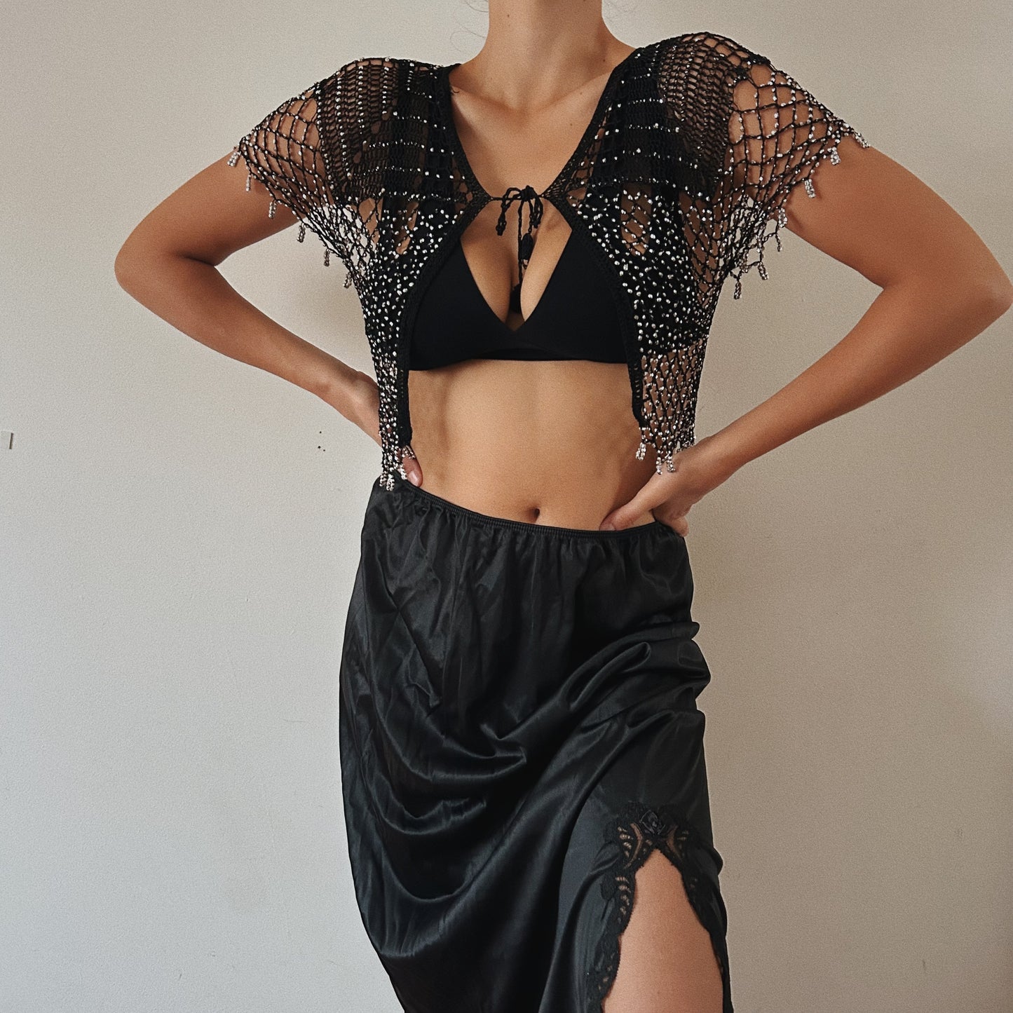 Beaded Black Cropped Cardigan