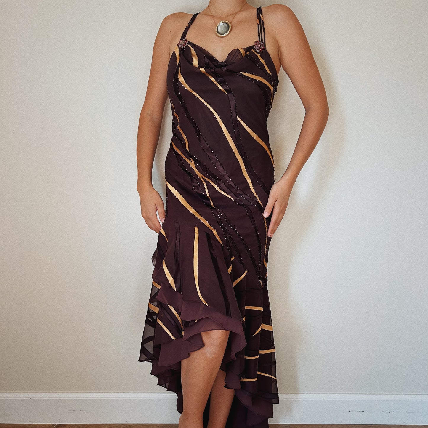 Chocolate Beaded Striped Gown