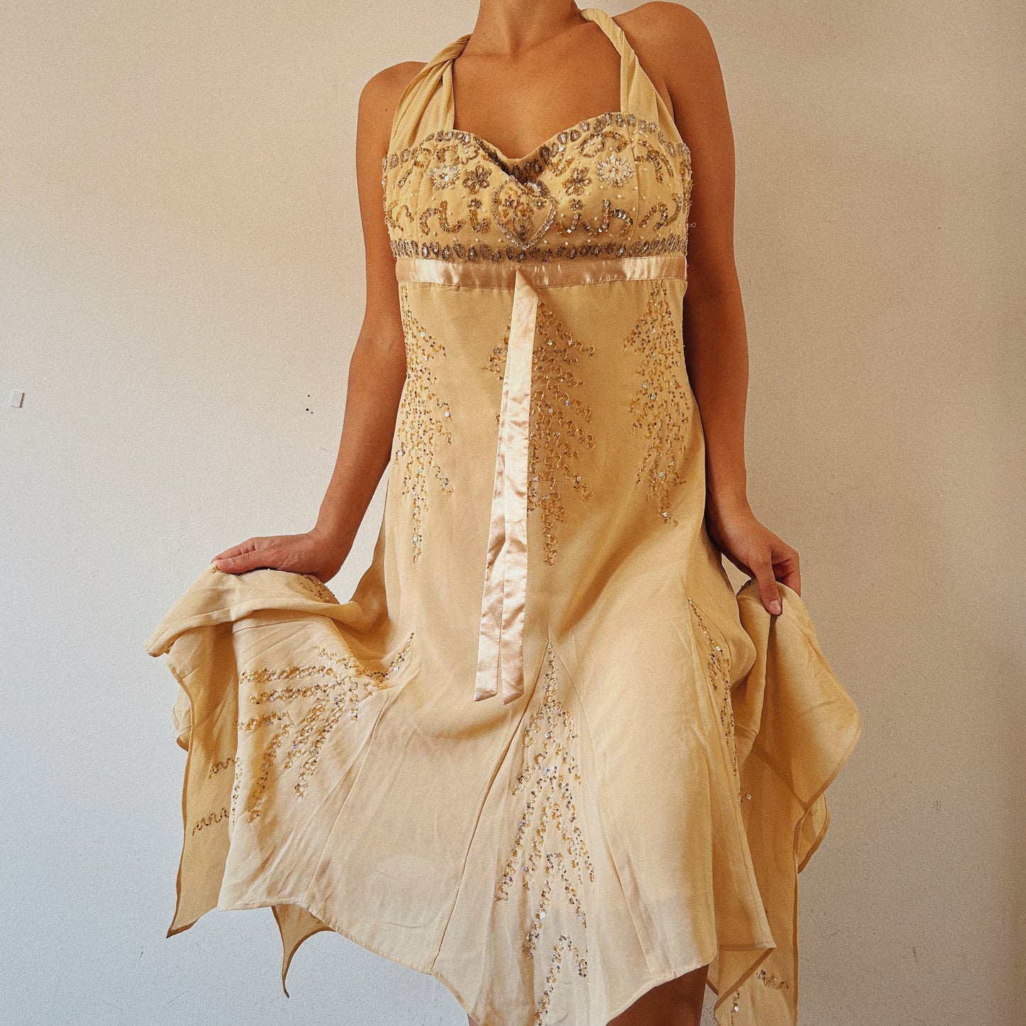 Cream Beaded Flowy Midi Dress