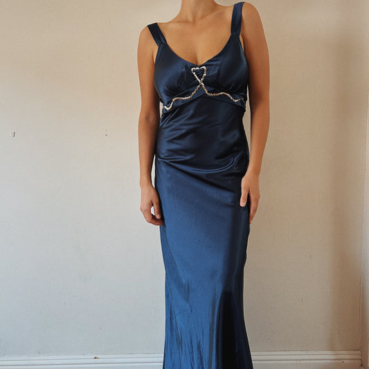 Navy Satin Gown With Sequins