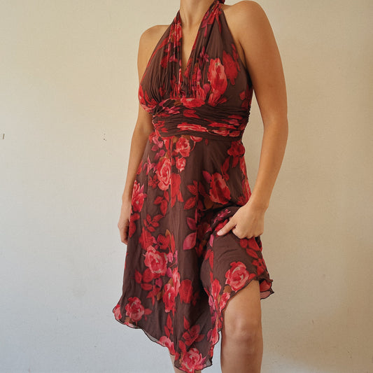 100% Silk Floral Halter Mini Dress