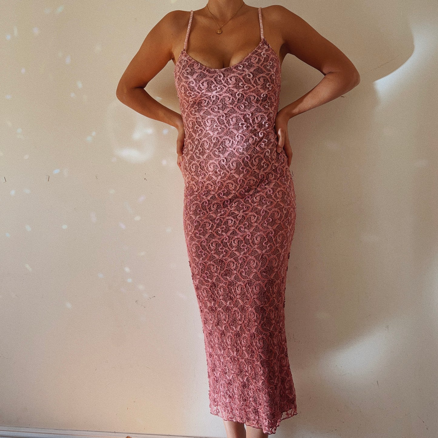 Vintage Lace Pink Body-Con Beaded Dress