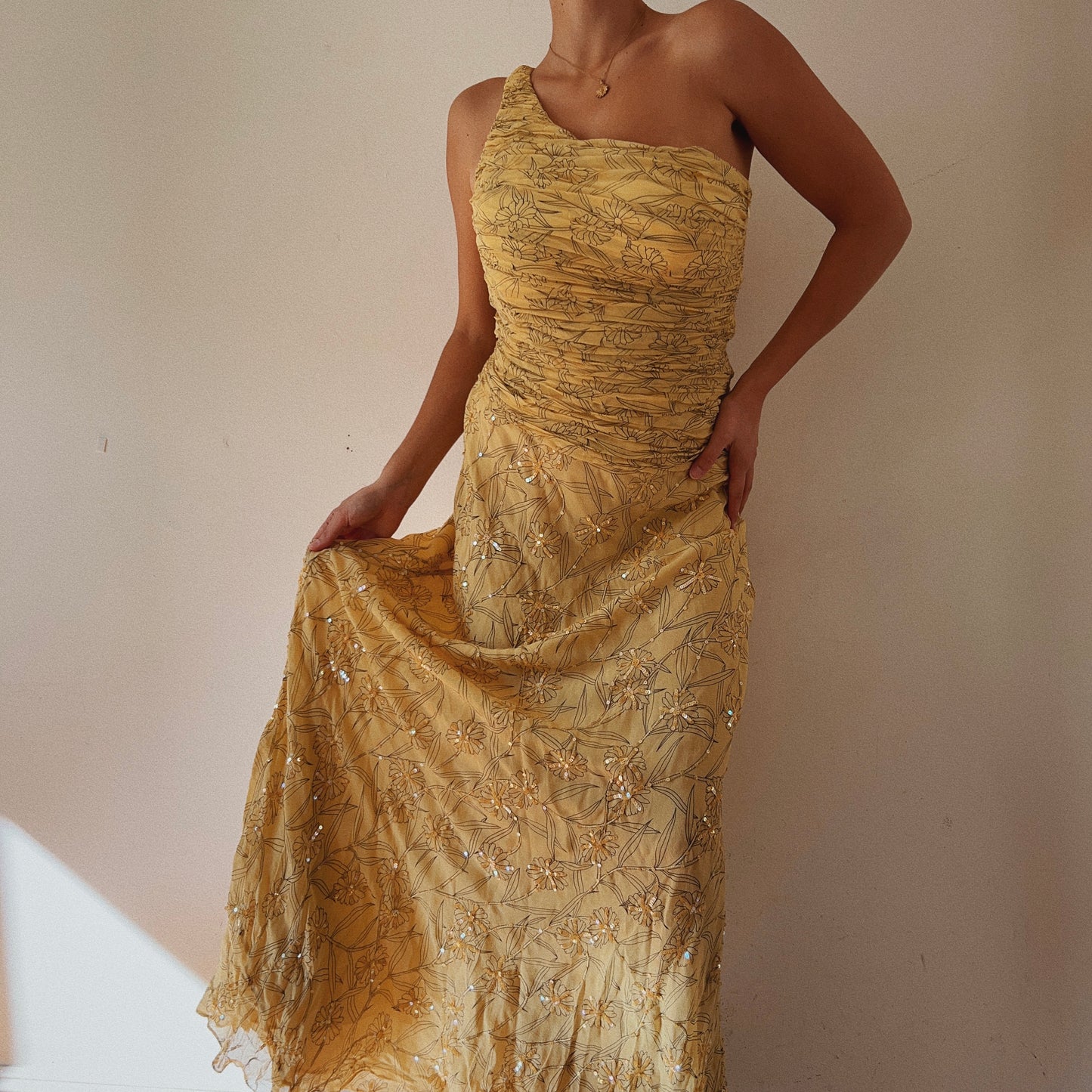 One Shoulder Yellow Silk Ethereal Embelished Dress