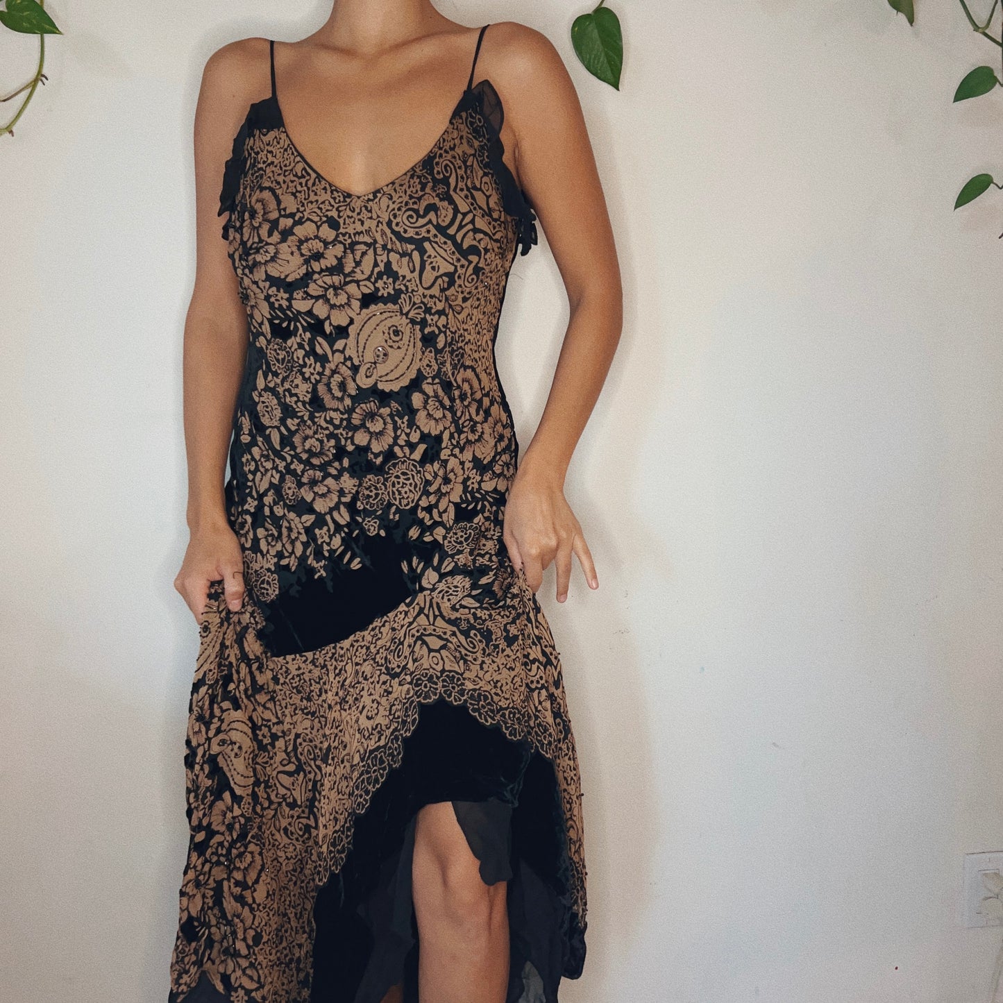 Velvet Ruffled Beaded Gown
