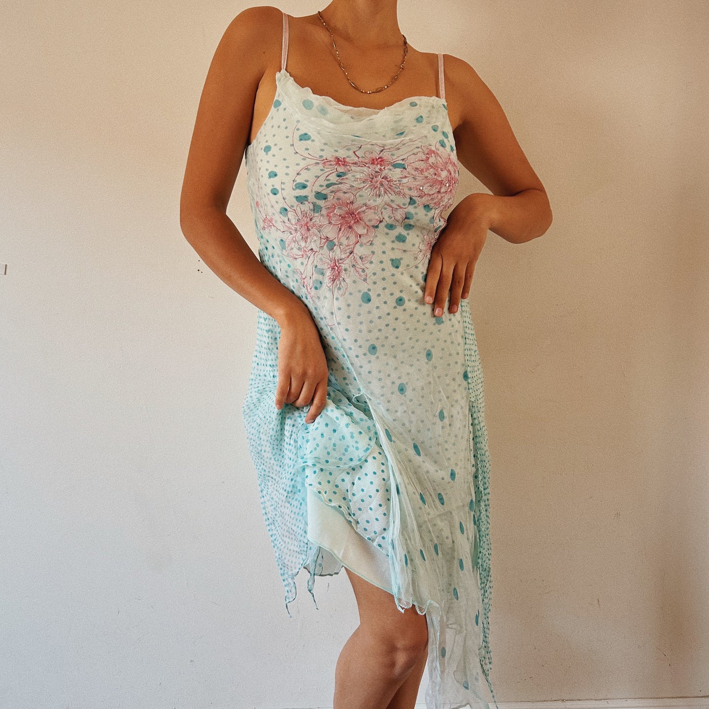 Blue Dotted Layered Mesh Dress