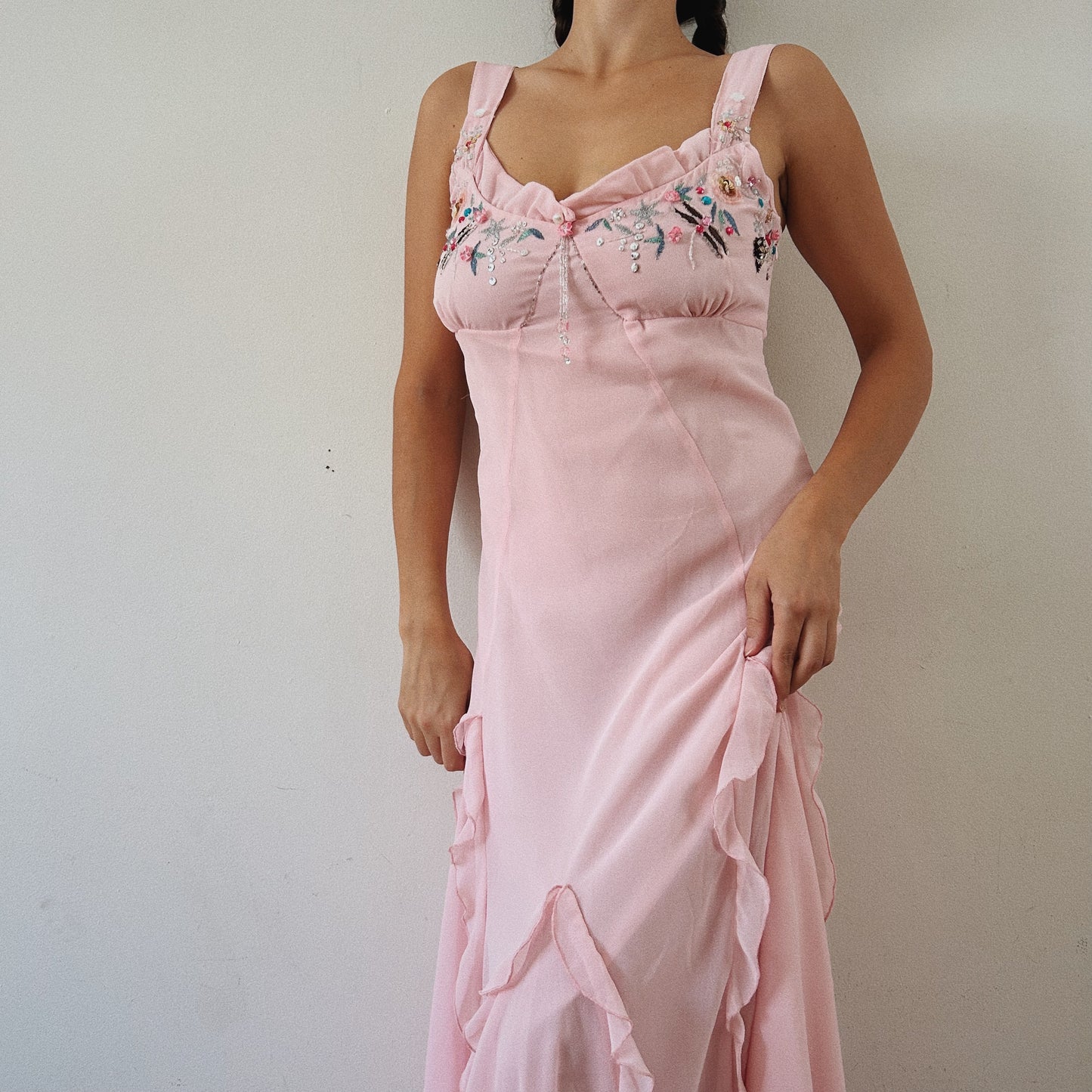 Whimsical Pink Beaded Ruffled dress