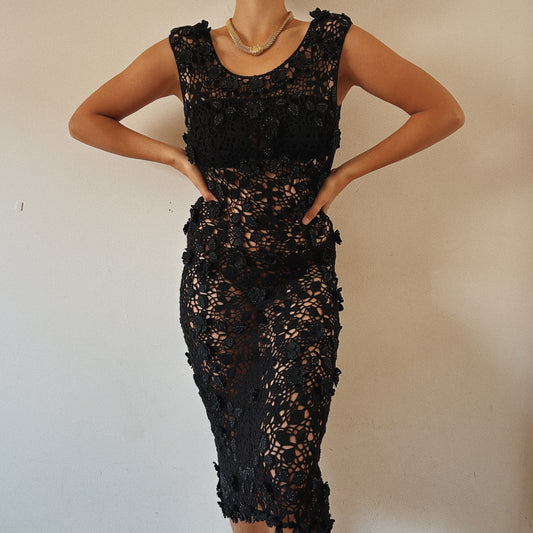 Crochet Black Floral Beach Dress