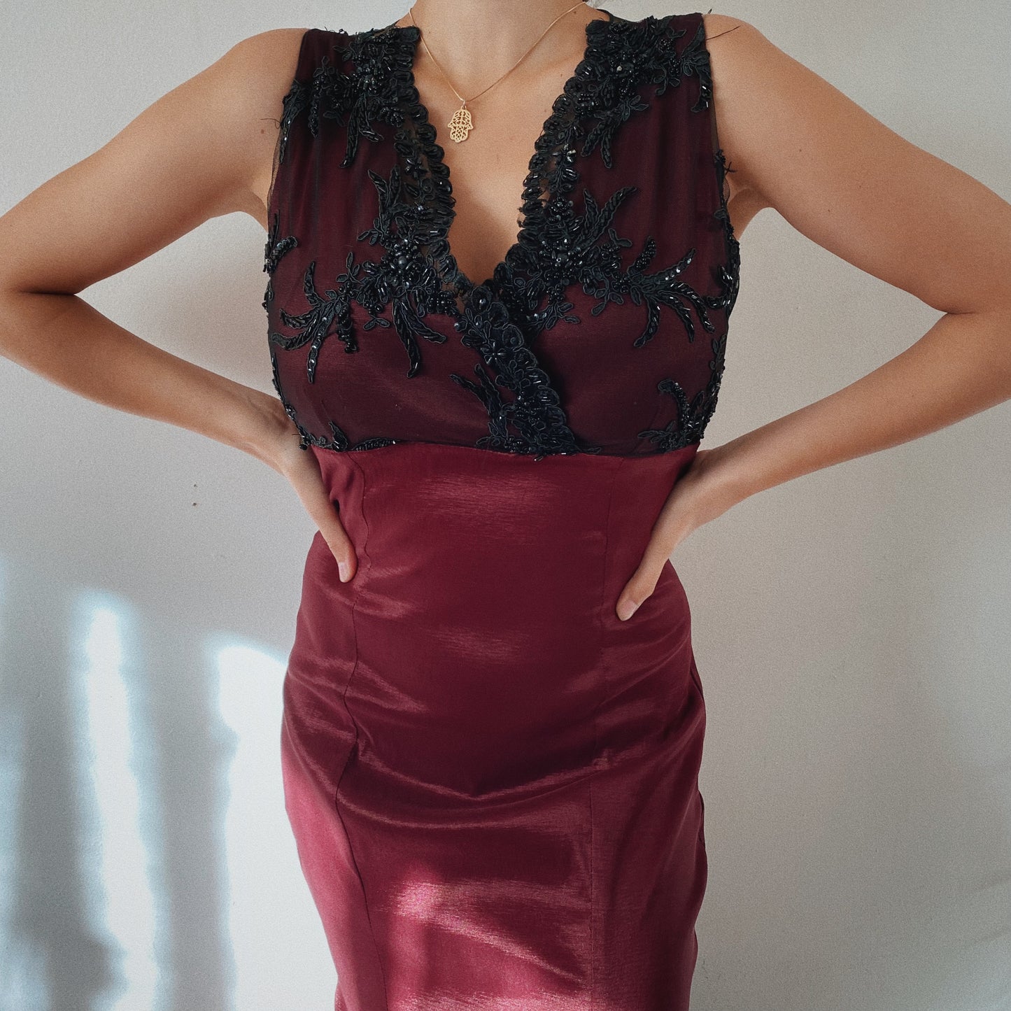 Burgundy Fishtail Gown with Beaded Bustier